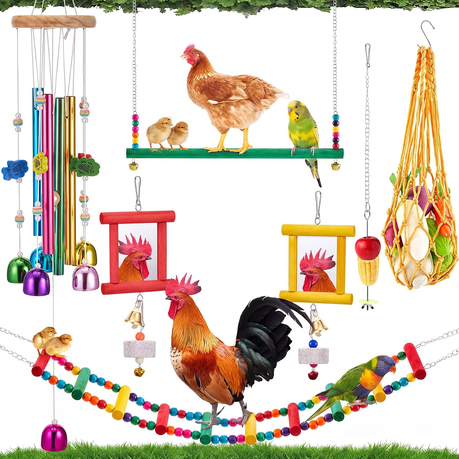 VioraWhite 9 Pcs Chicken coop Toys Accessories Including Swings,Mirror etc