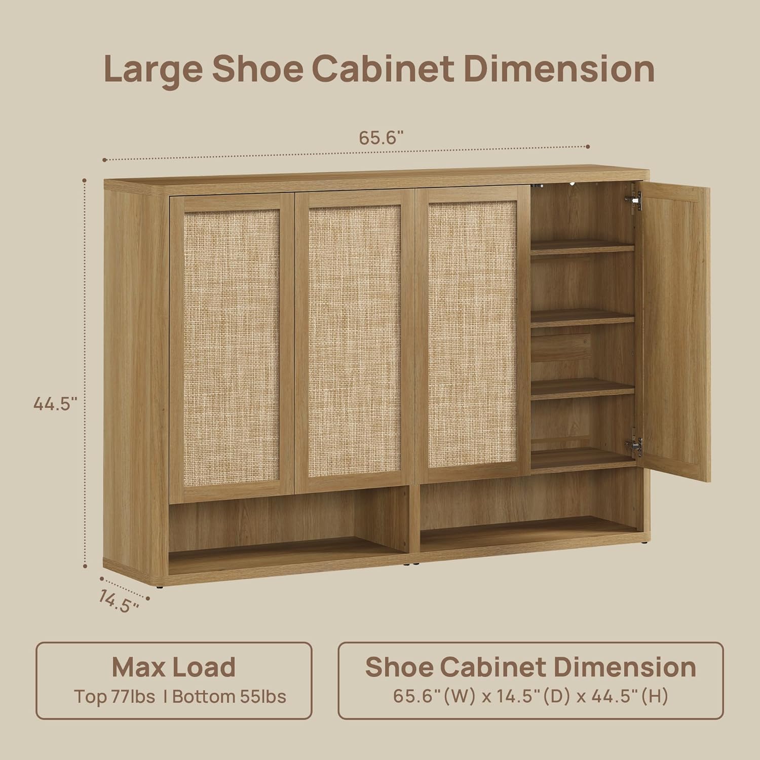 SICOTAS Rattan Shoe Storage Cabinet - Modular Shoe Cabinets with Door Tall Large Shoe Cabinet Storage for Entryway - 65.6" Wide Modular Cabinet for Hallway, Living Room