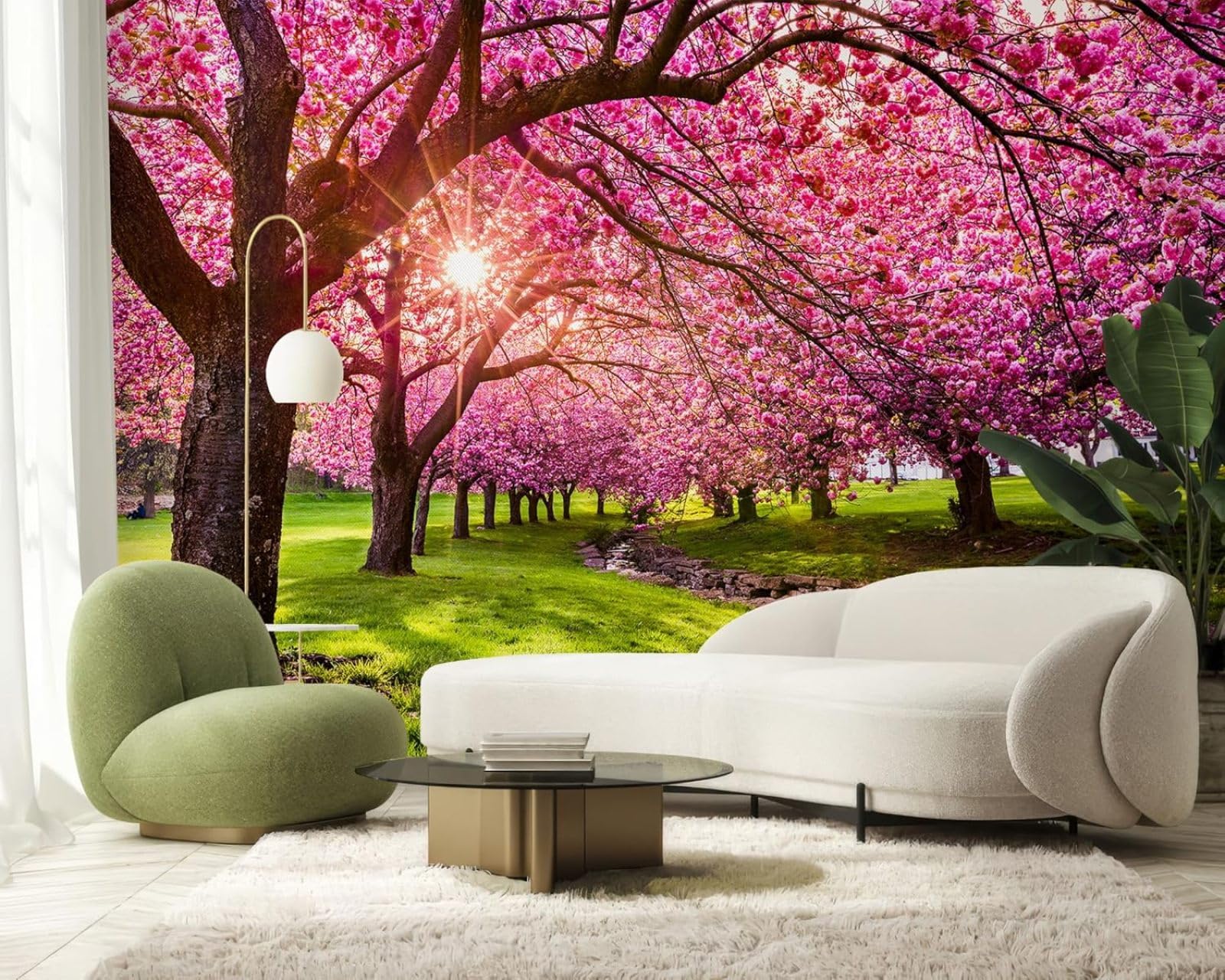 Hgjdjhnf 3D Mural Photo Mural - Wallpaper Pink Blossoms Tree Cherry Blossom Allee Modern Wall Living Room Bedroom Children's Room Wall Decoration Motif,350Cmx256cm Poster - Wall Sticker - Frameless Picture
