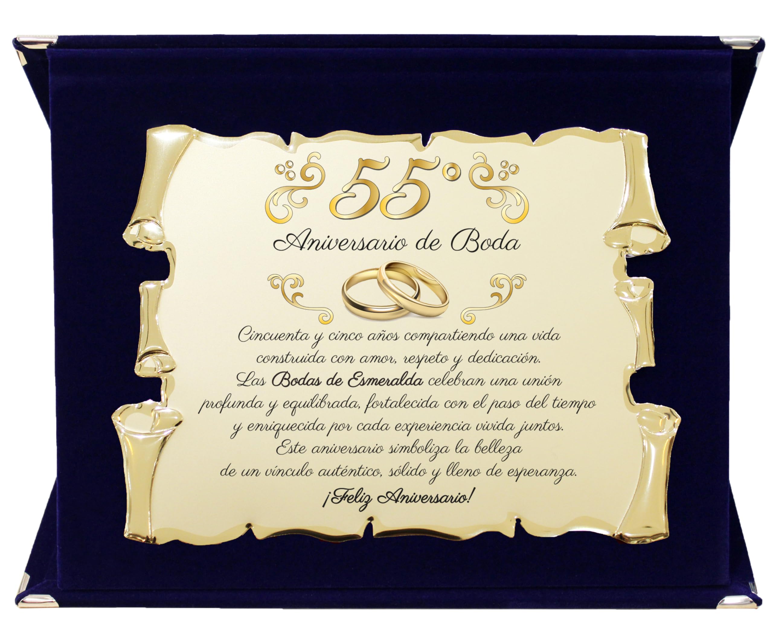 Placa Bodas de Esmeralda – 55° Aniversario de Boda | Placa Conmemorativa para Bodas de Esmeralda en Aluminio Dorado | Regalo Elegante para 55 Años de Matrimonio con Estuche de Lujo