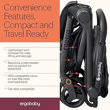 Ergobaby Metro 3 Baby Stroller for Newborns, Infants, and Toddlers - Travel Stroller with One-Hand Fold, Near-Flat Recline, Adjustable Handlebar - Soft Olive