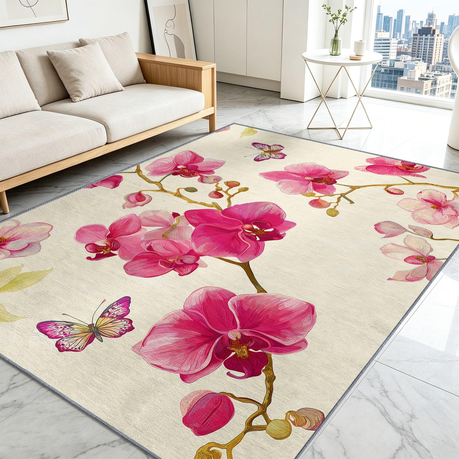 Tapis orchidées roses 140x200 cm lavable et antidérapant pour la décoration du salon