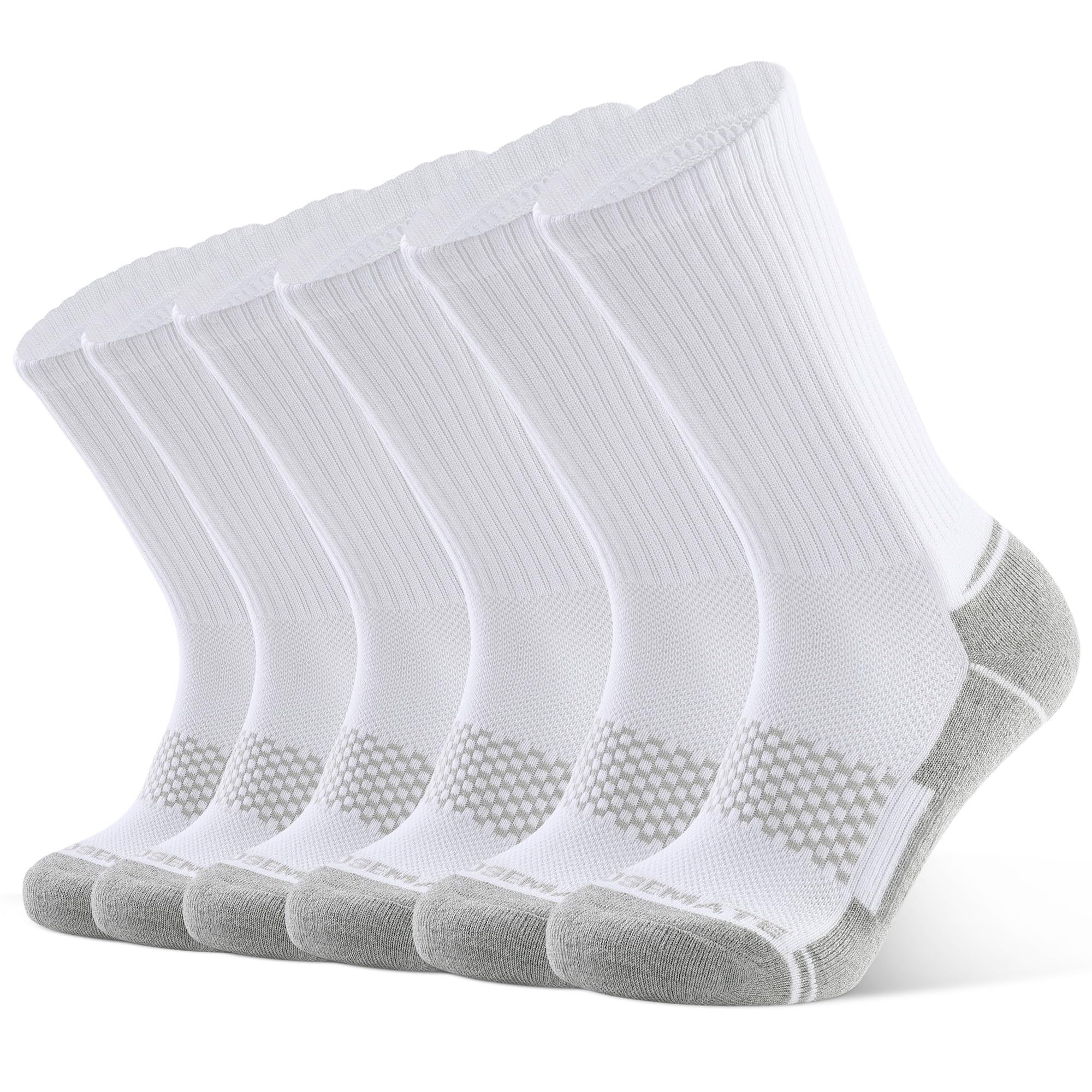 CLOSEMATE Mens Moisture-Wicking Athletic Cushioned Crew Socks 6 Pairs Cotton Comfy Running Training Sports(6 White Grey, Size L)
