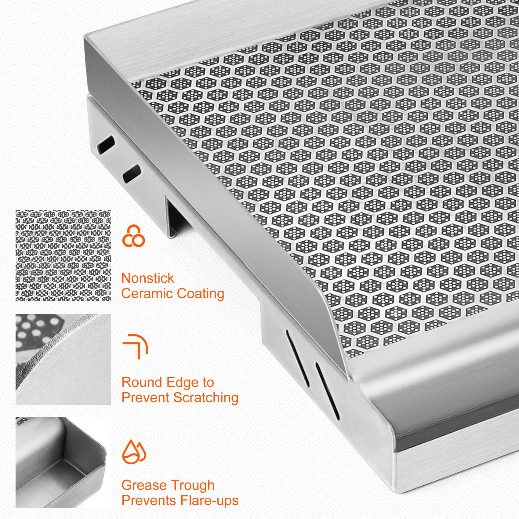 Onlyfire 45 x 32 cm Plancha Barbecue Hybride en Acier Inoxydable, Plaque de Cuisson avec Revêtement Céramique Nid d'Abeille, Antiadhésive et Robuste, pour Barbecue à Gaz, Charbon et Cuisinière
