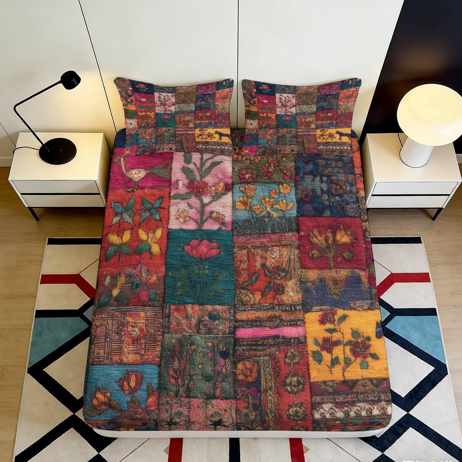 3D Printed Boho Patchwork Fitted Sheet Microfiber Colourful Ethnic Pattern Mattress Cover Bedroom Decor Washable 90x200x25cm