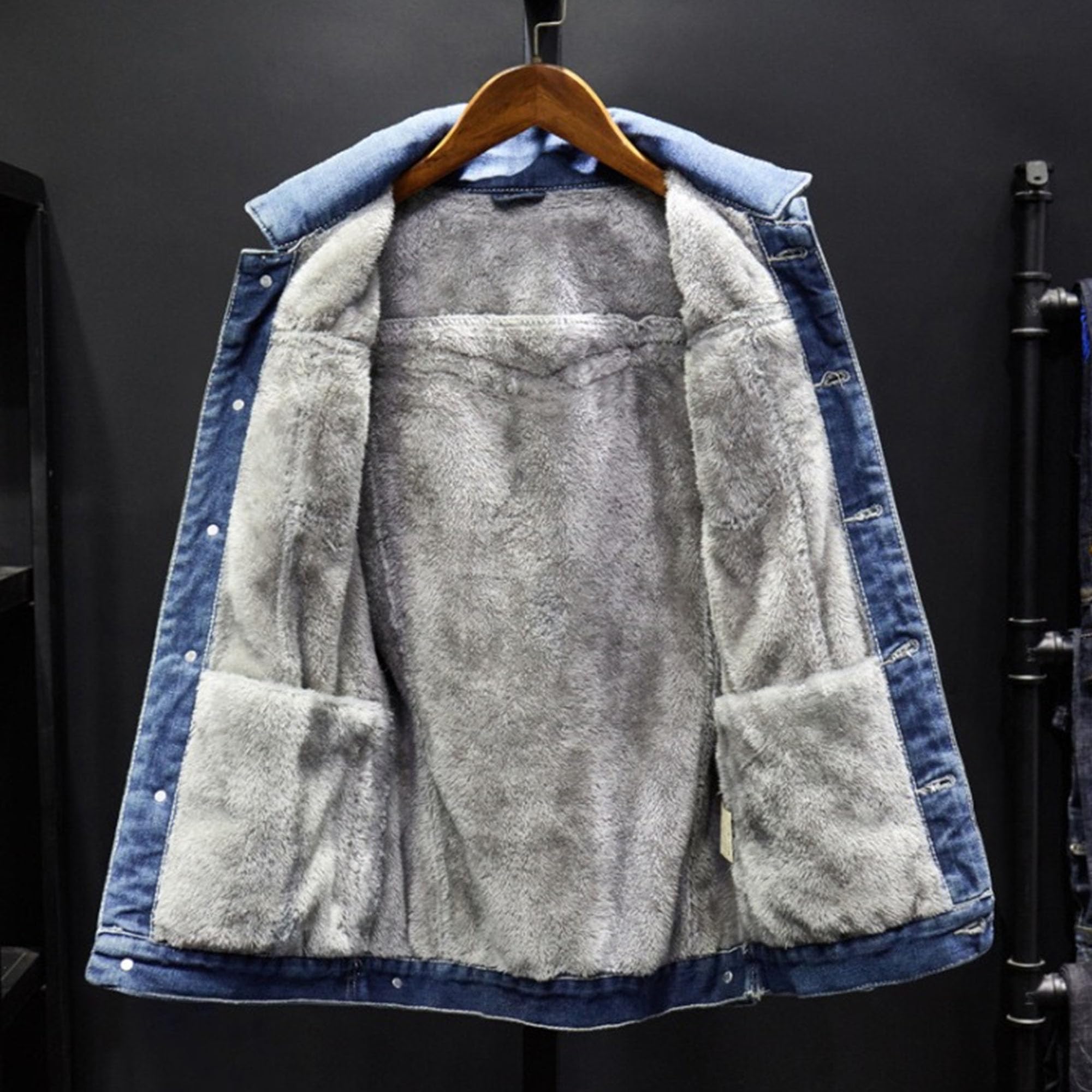 Giacca da camionista in denim foderata in sherpa da uomo, calda giacca con