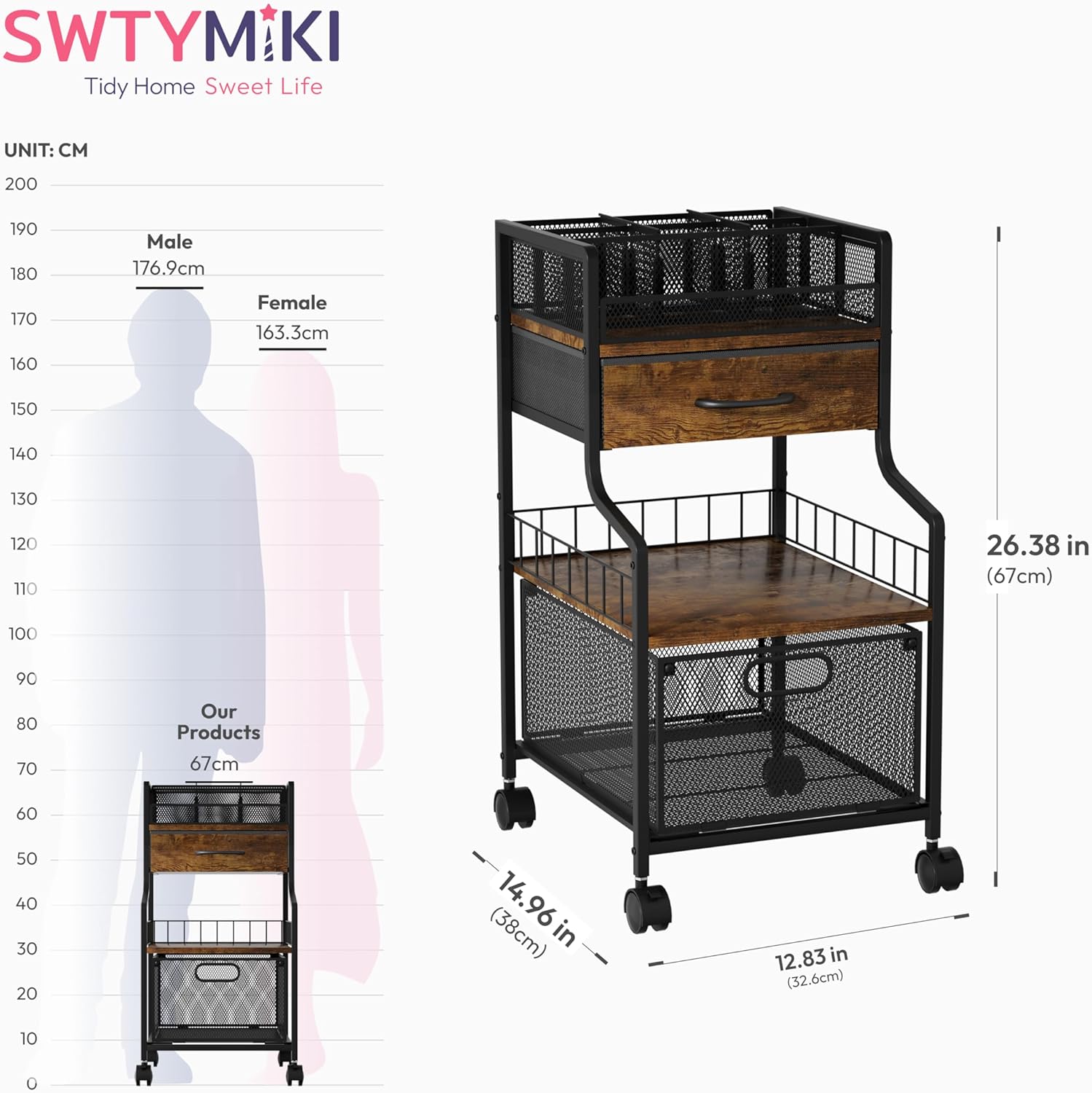 SWTYMIKI Rolling Under Desk Storage, Utility Cart with Drawers & DIY Divider - Art Cart Organizer on Wheels - Craft Storage Drawers Cart for Office, Craft Room & Studio Espresso