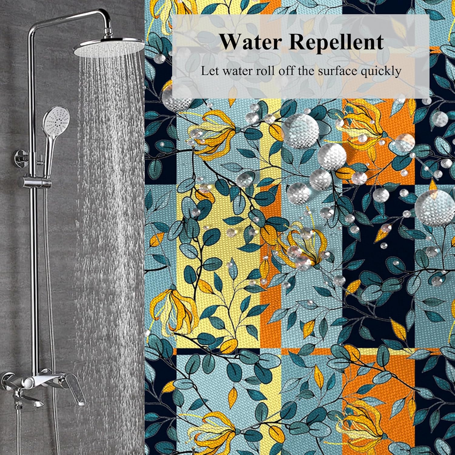 Plaid Pattern Retro Classic Shower Curtain Plant Leaves with Flowers Printed Bath Curtain Waterproof Washable Fabric Bathroom Bathtub Decor Shower Curtain Set with Hooks 72x72 Inch