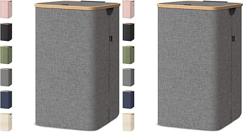 Vista 26 de BALEINE Cesta de lavandería con tapa, cestas altas para la ropa sucia con asas de bambú, contenedor grande para la ropa sucia con soporte interno