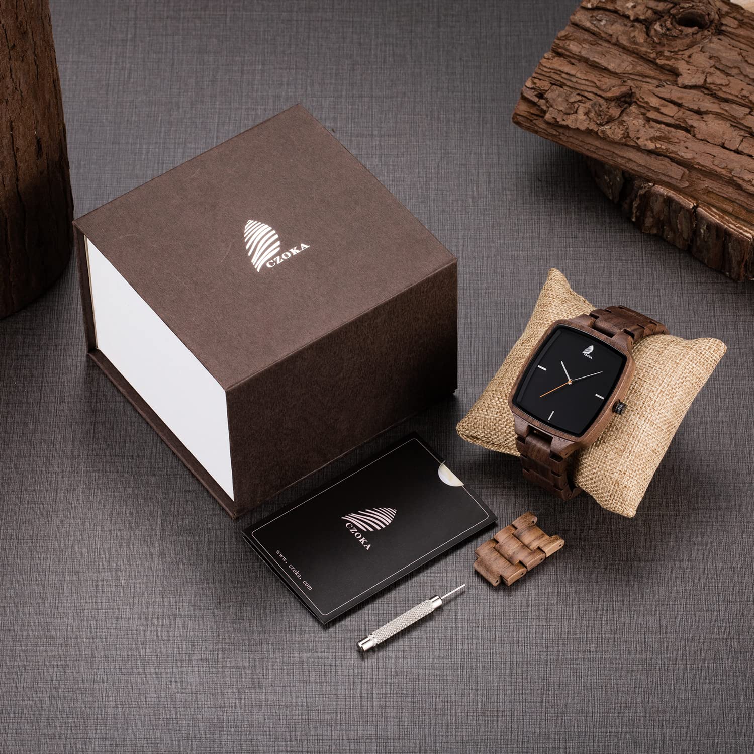 CZOKA Orologio da Uomo e donne in Legno, Noce nero naturale/oliva Orologio di Legno con Movimento al Quarzo Giapponese, con cinturino regolabile