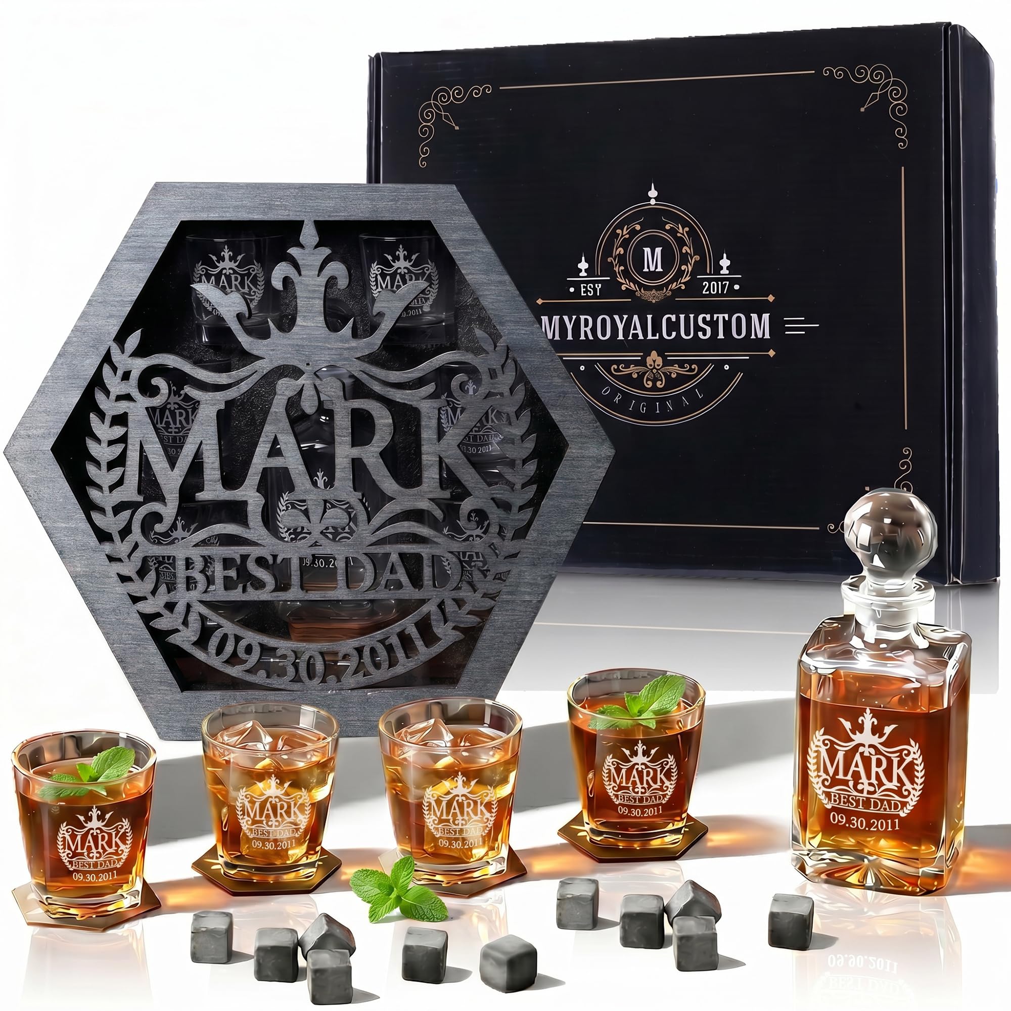 Personalized BEST DAD Whiskey Set, Personalized Whiskey Decanter Set for Men, Custom Bourbon Decanter Gift Set with Wooden Box for Dad Husband Boyfriend,Fathers Day Birthday Retirement Gifts
