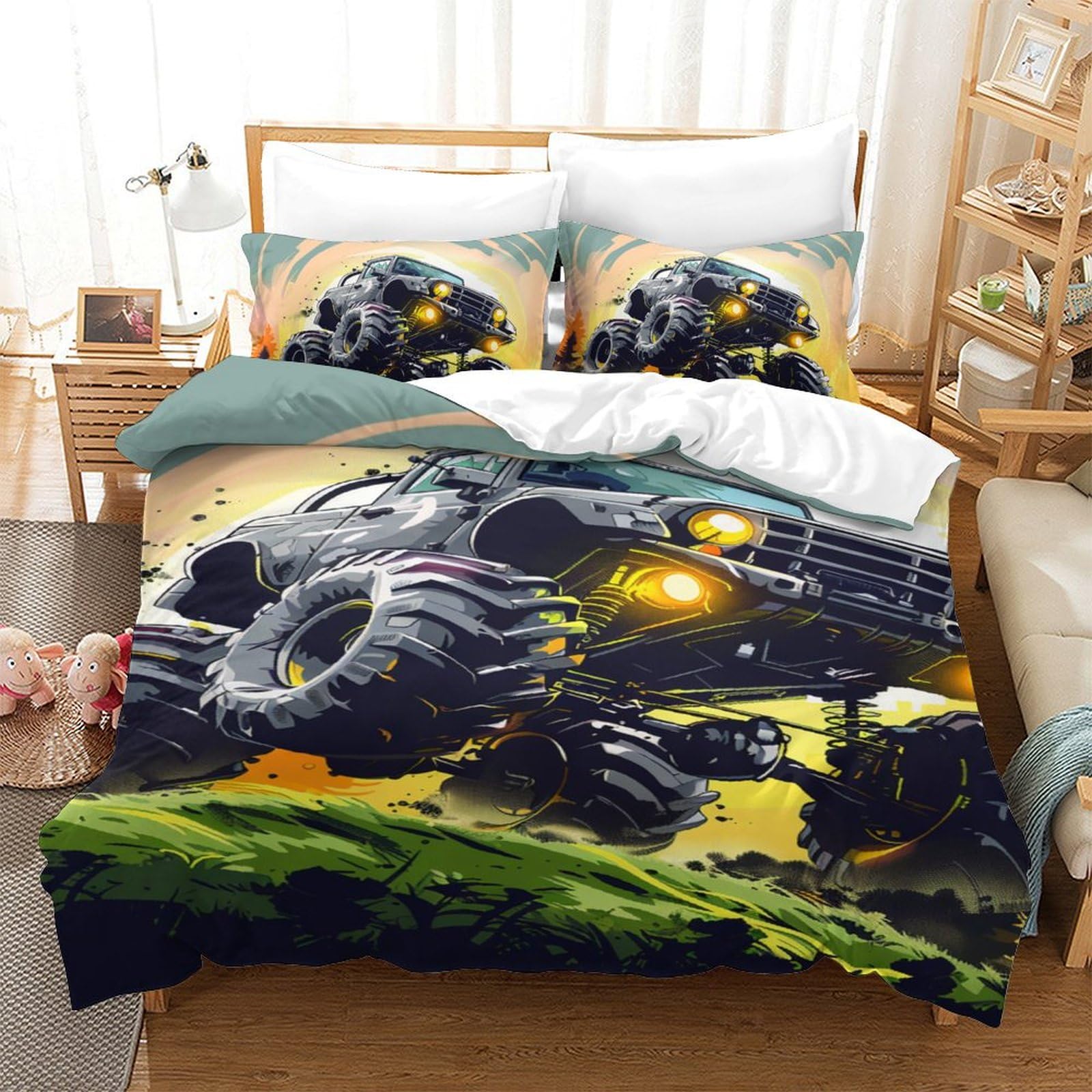 Housse de couette camion 3D 140x200 pour lit enfant avec taie d'oreiller