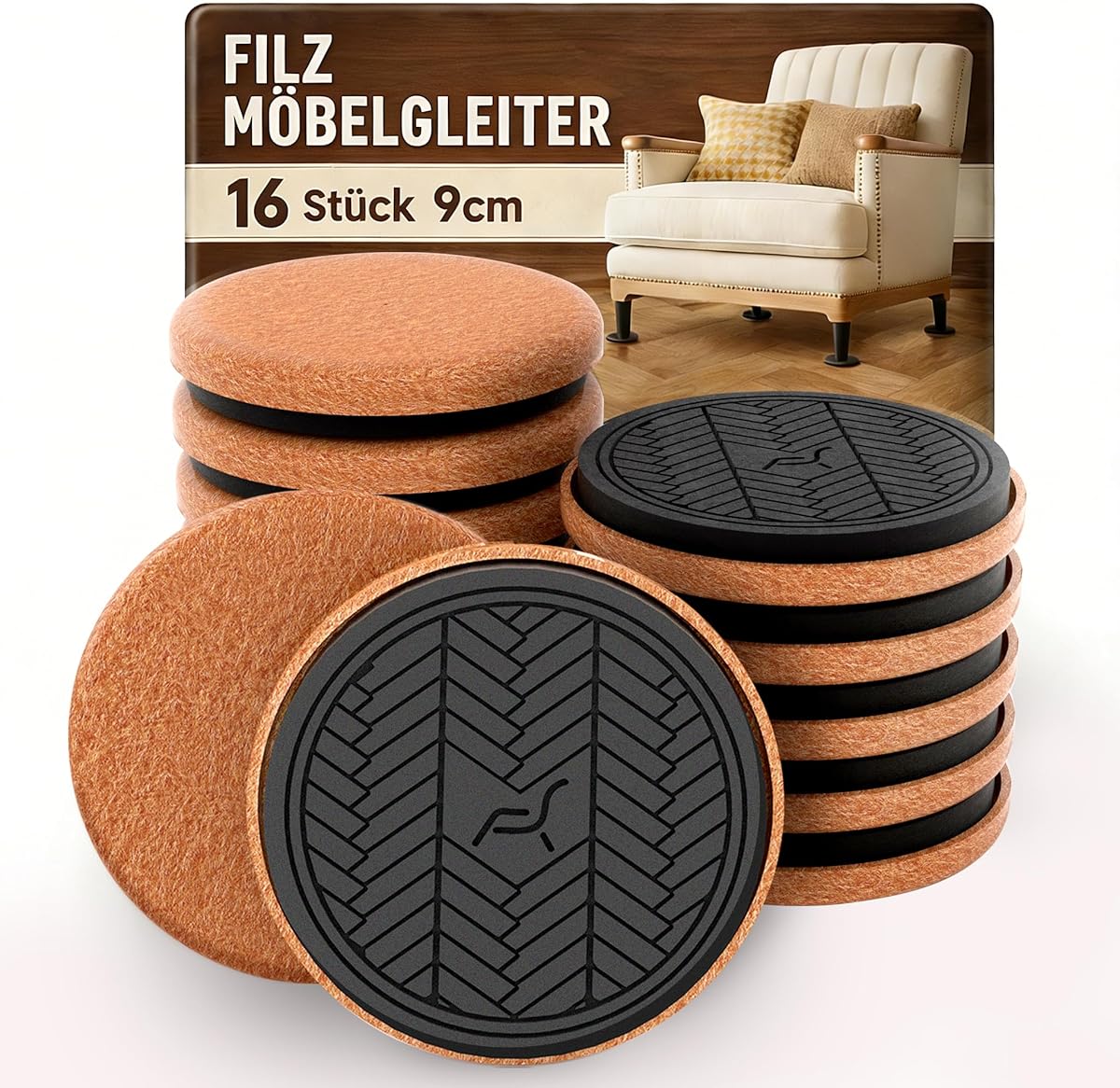 PISAO Filz Möbelgleiter für Hartholzböden, Möbelgleiter für Schwere Möbel, 16 Stück -9cm Super Furniture Sliders, Bewegen Sie Ihre Möbel Einfach & Sicher