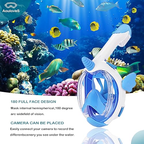 Miniatura 3 de AouloveS Máscara de esnórquel para niños de cara completa, equipo de esnórquel para niños de 4 a 16 años con soporte para cámara, vista panorámica