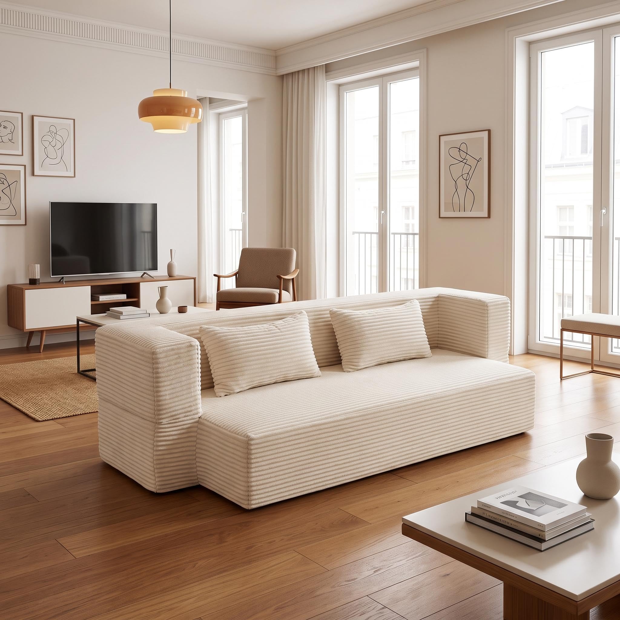 FurnitureR Sofá cama de pana beige 2 plazas Sofá de suelo modular | Sofá de pana beige con función de descanso, estructura modular, acolchado suave y montaje inmediato sin montaje.