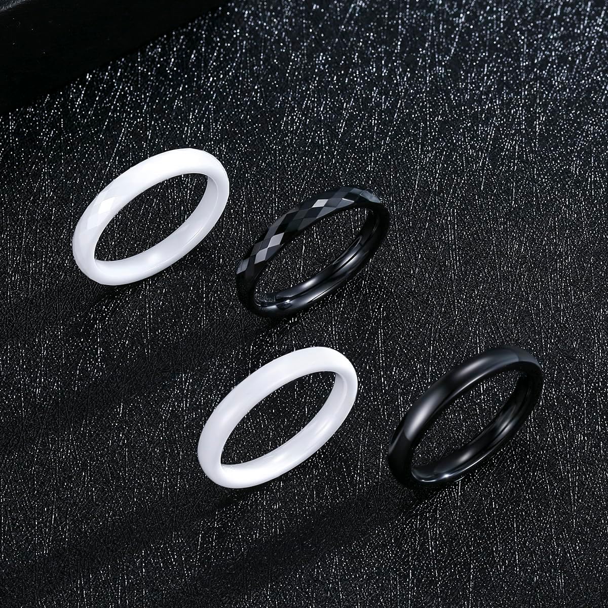 4-Pack Hypoallergenic Ceramic & Enamel Ring Set, 3mm Wide Black & White Wedding Bands for Women & Men, Unisex Comfort Fit Jewelry Gift for Her & Him - Image 2