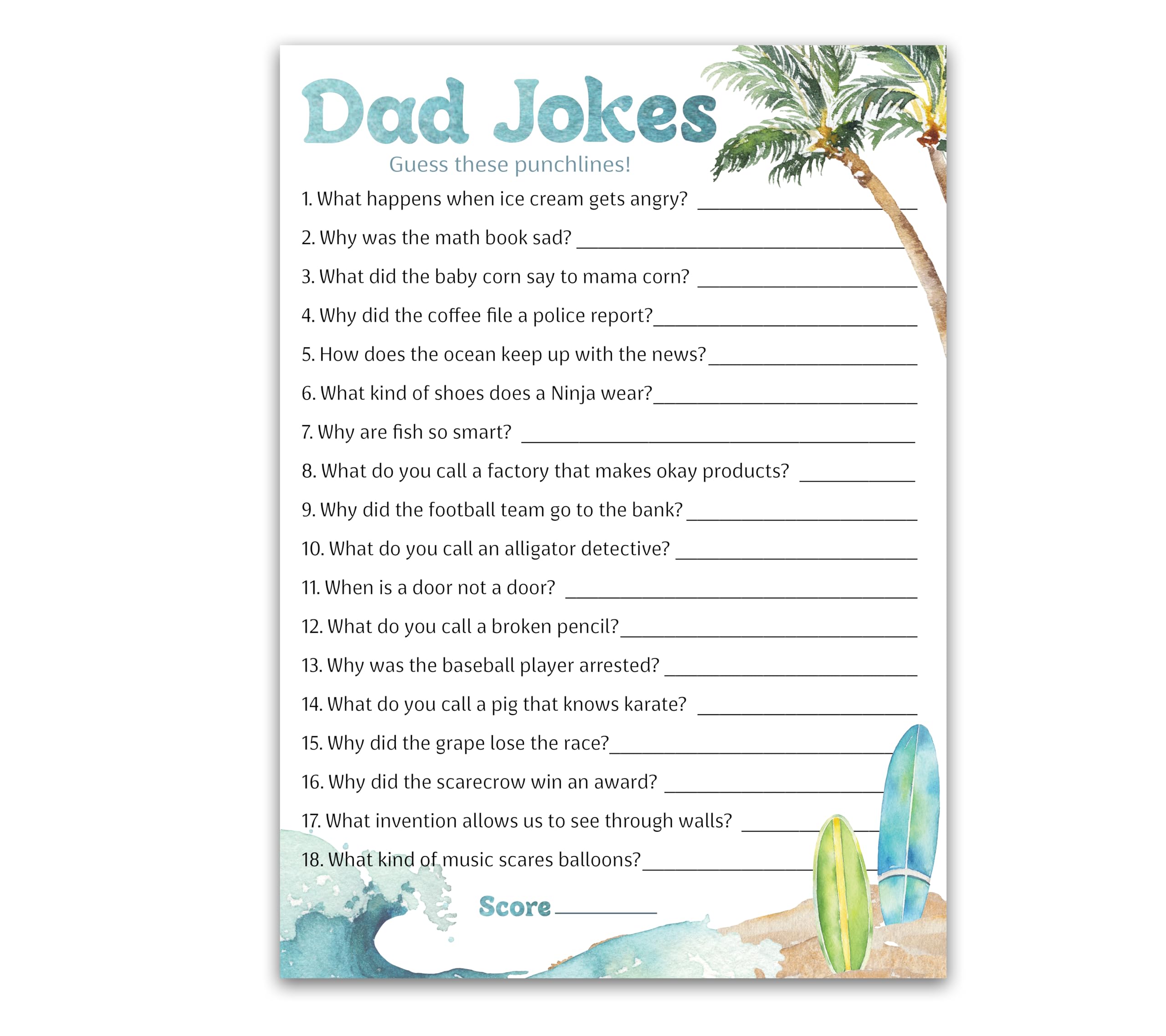 DAD JOKES, BEACH SURF Theme Baby Shower Games, Daddy Jokes Shower Trivia Games — Pack of 25 — Fun Dad Joke Game, Blue Ocean Surfing, Funny Game,