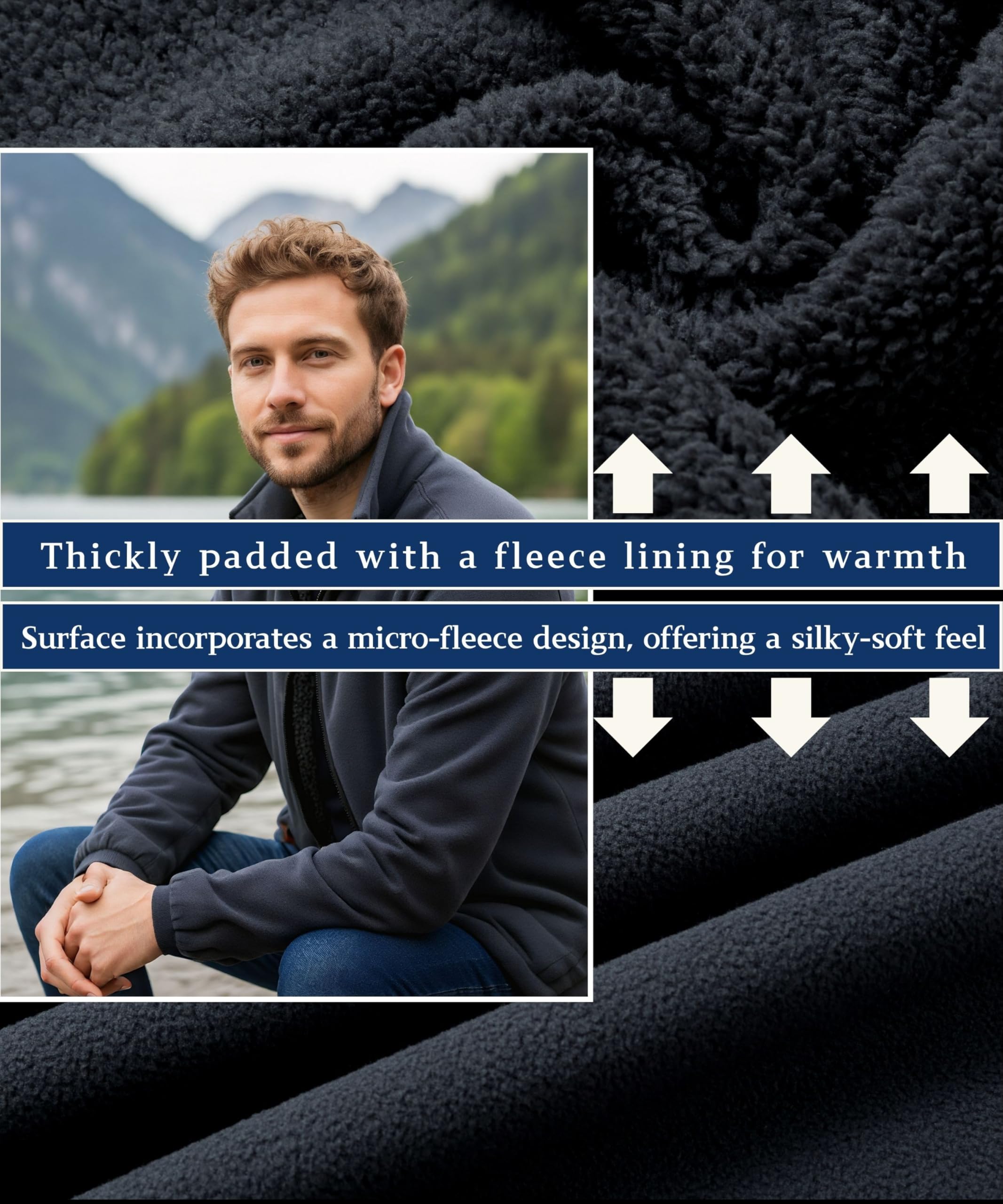 Hombres Chaqueta de Forro Polar Invierno Cuello Alto Ligero Chaqueta con 4 Bolsillos Cremallera Completa Manga Larga Senderismo Trekking Deportiva