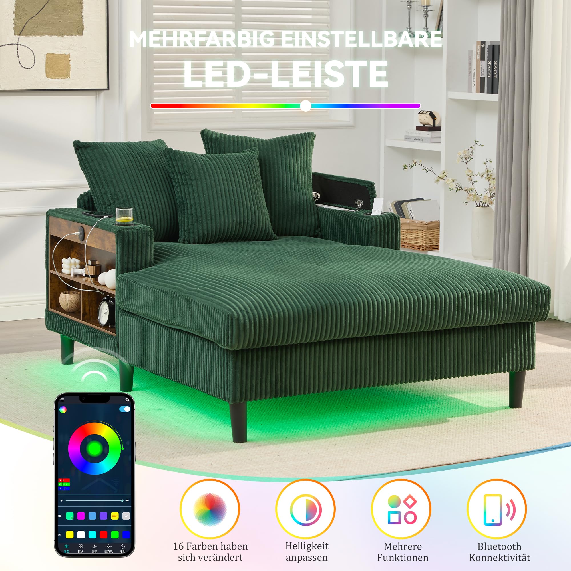Salón multifuncional de pana con chaise longue con gran superficie de descanso, soporte para bebidas en ambos lados, bolsillo lateral, espacio de almacenamiento, patas de plástico estables