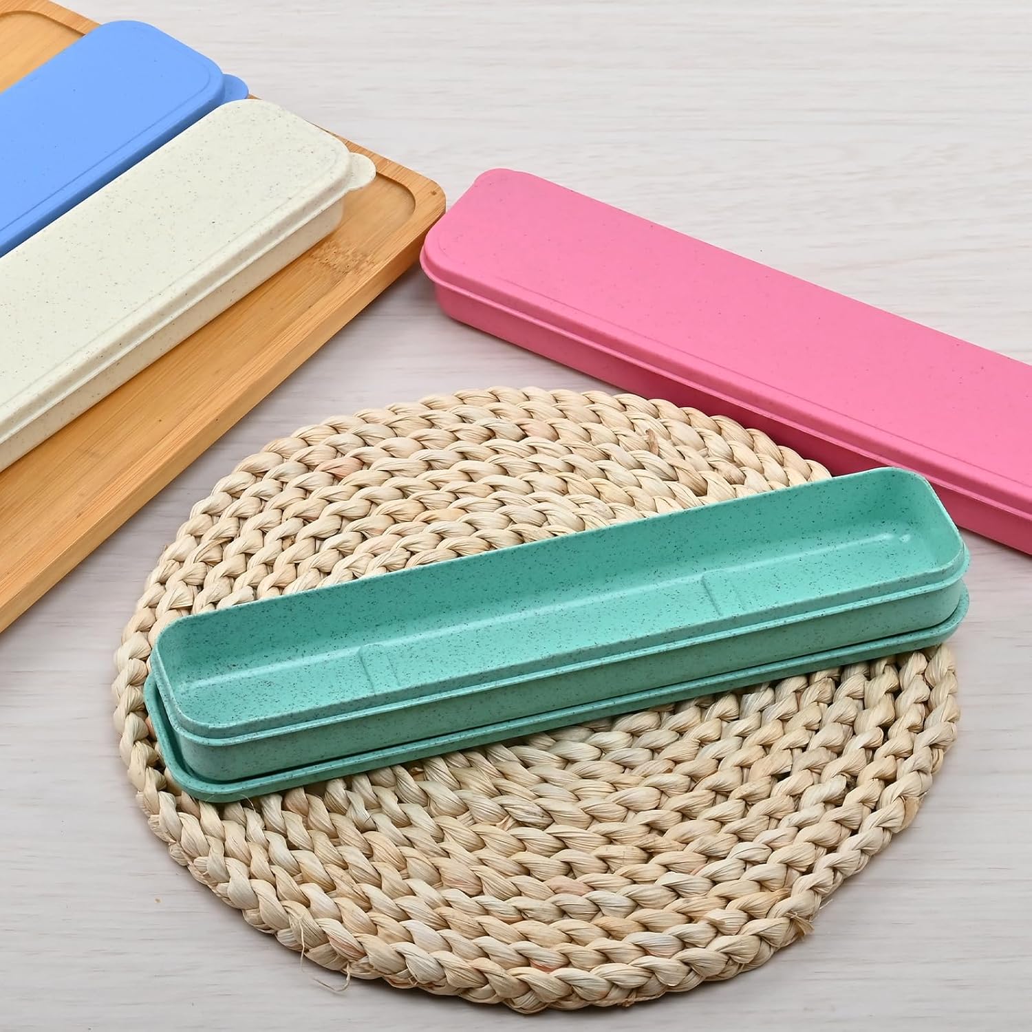 Travel Cutlery Case Portable Utensil Holder Large Travel Silverware Case Flatware Storage Box Camping Utensils Cutlery Cases for Fork Spoon Chopsticks Lunch Box, 9.6 x 2.1 inches (Blue, Pink)