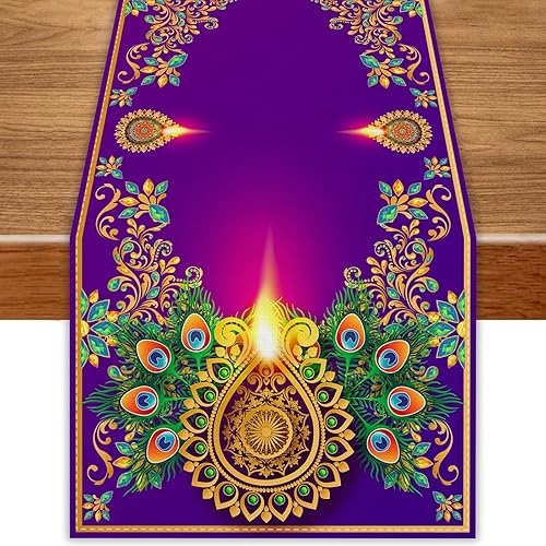 Camino de mesa de lino Diwali de 13 x 72 pulgadas, decoración india de Diwali para el hogar, cocina, comedor, mesa