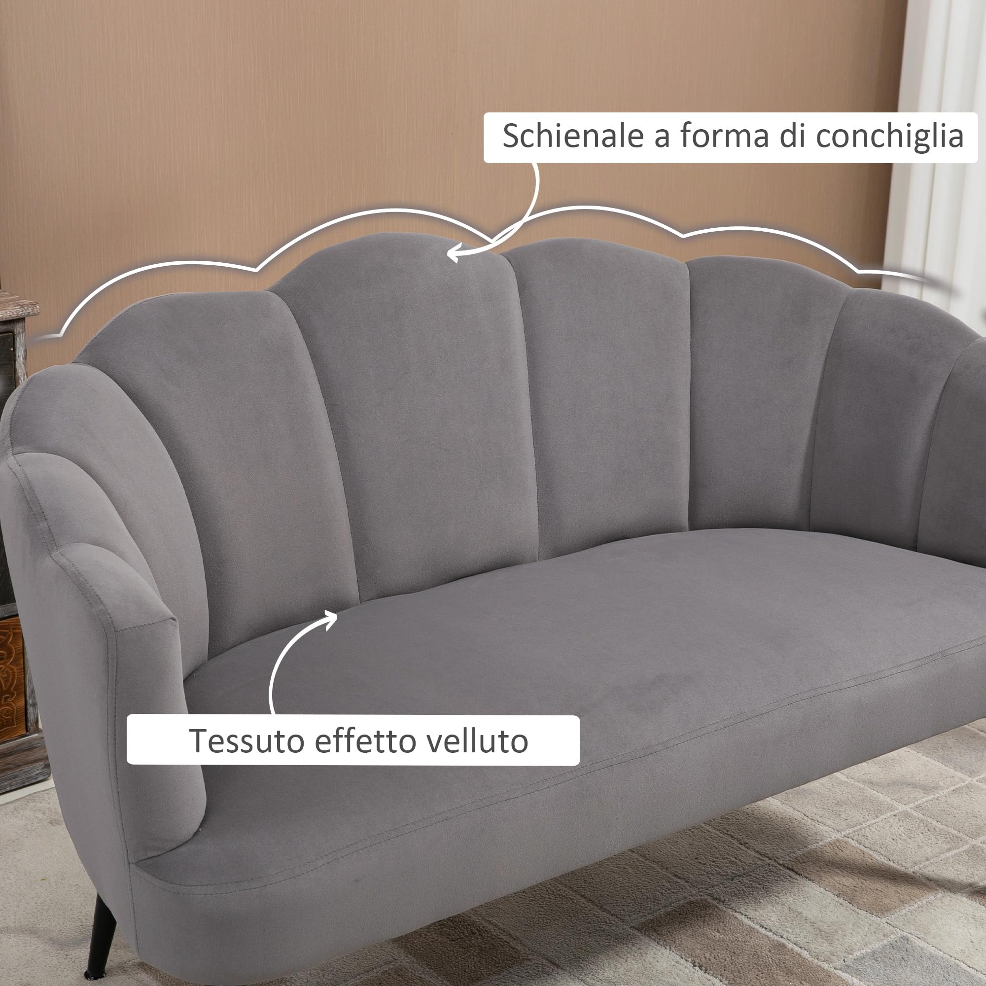 HOMCOM Divano 2 Posti in Velluto, Divano a Conchiglia, Divanetto da Salotto, con Gambe in Metallo, Stile Moderno, Elegante, da Soggiorno, 132x66x80cm, Grigio