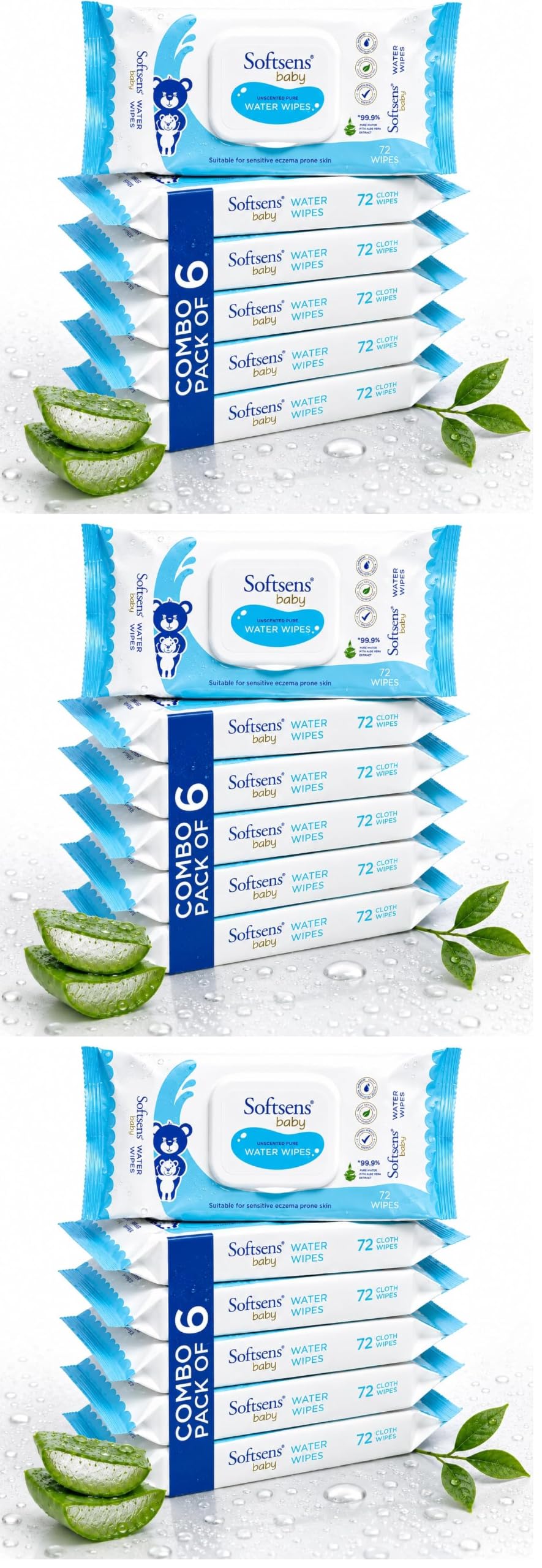 Softsens Baby 99.9% Pure Water Wipes | Pure Aloe Vera Extract with Lid Wipes For Babies (Pack of 18)-picture-37