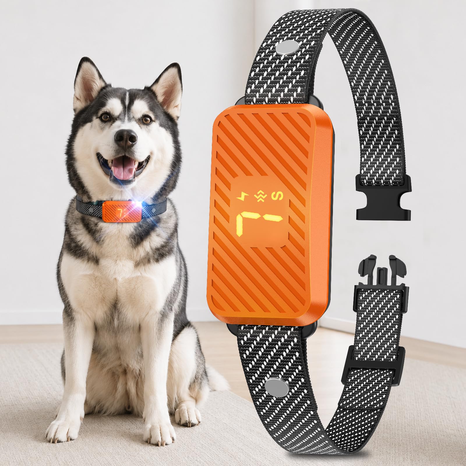 Photo 1 of Dog Bark Collar for Large Medium Small Dogs, Effective No-Bark Collar, Smart Barking Collar, Rechargeable Bark Collar with 7 Sensitivity, 3 Modes, Waterproof, Neon Orange