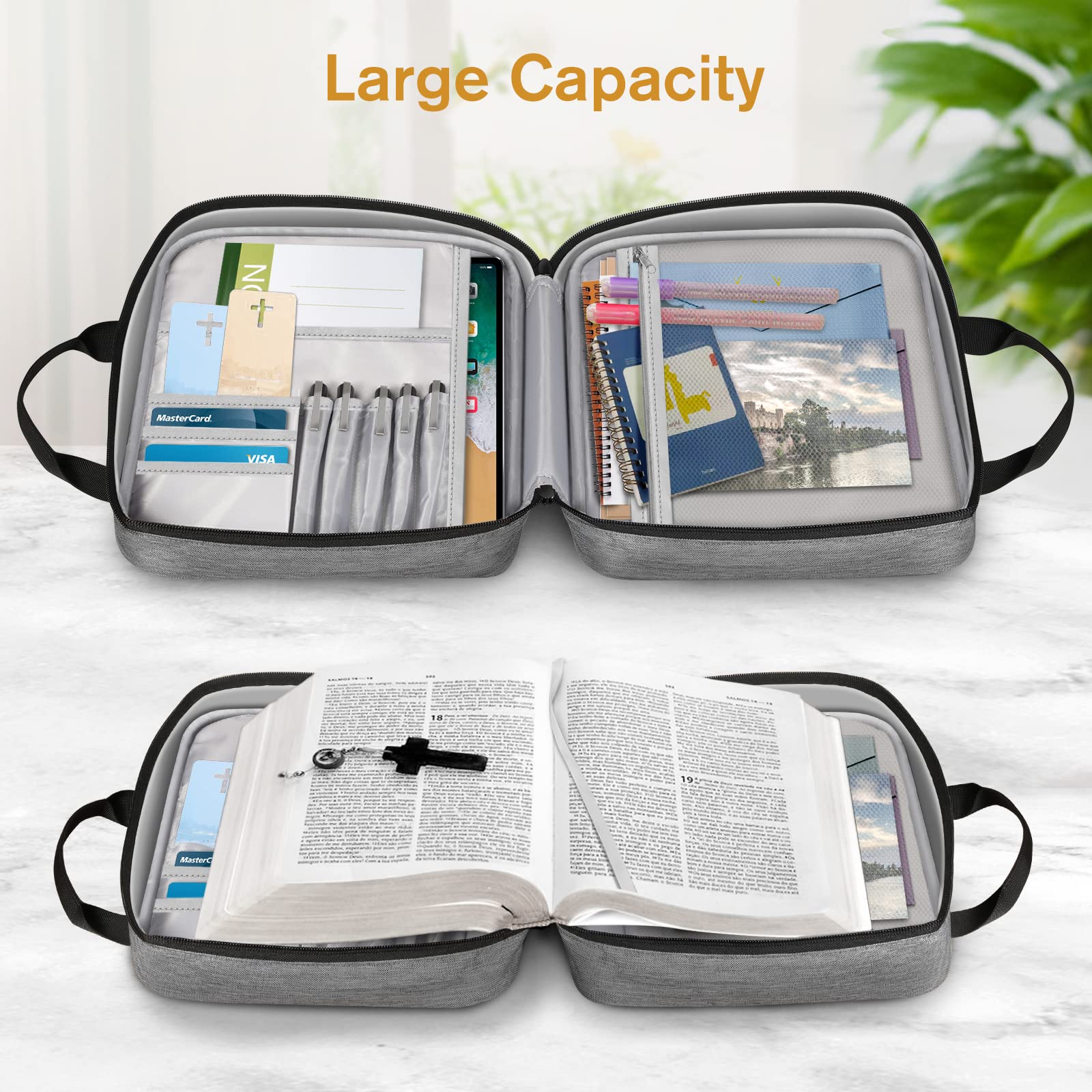 FINPAC Grande Bolsa para Biblia, Portátil Bible Funda de Libro con Mango, Transporte Bolsillo para Bolígrafos Cuaderno y Papeles para Hombre Mujer, (Gris)