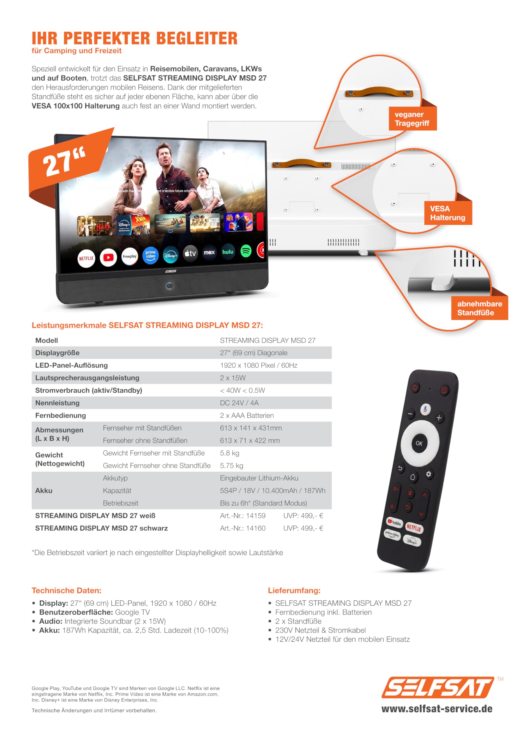 SELFSAT Streaming Display MSD 27 Weiß, 27 Zoll Full-HD Display mit Google TV, Integrierte Soundbar, 12V/24V/230V