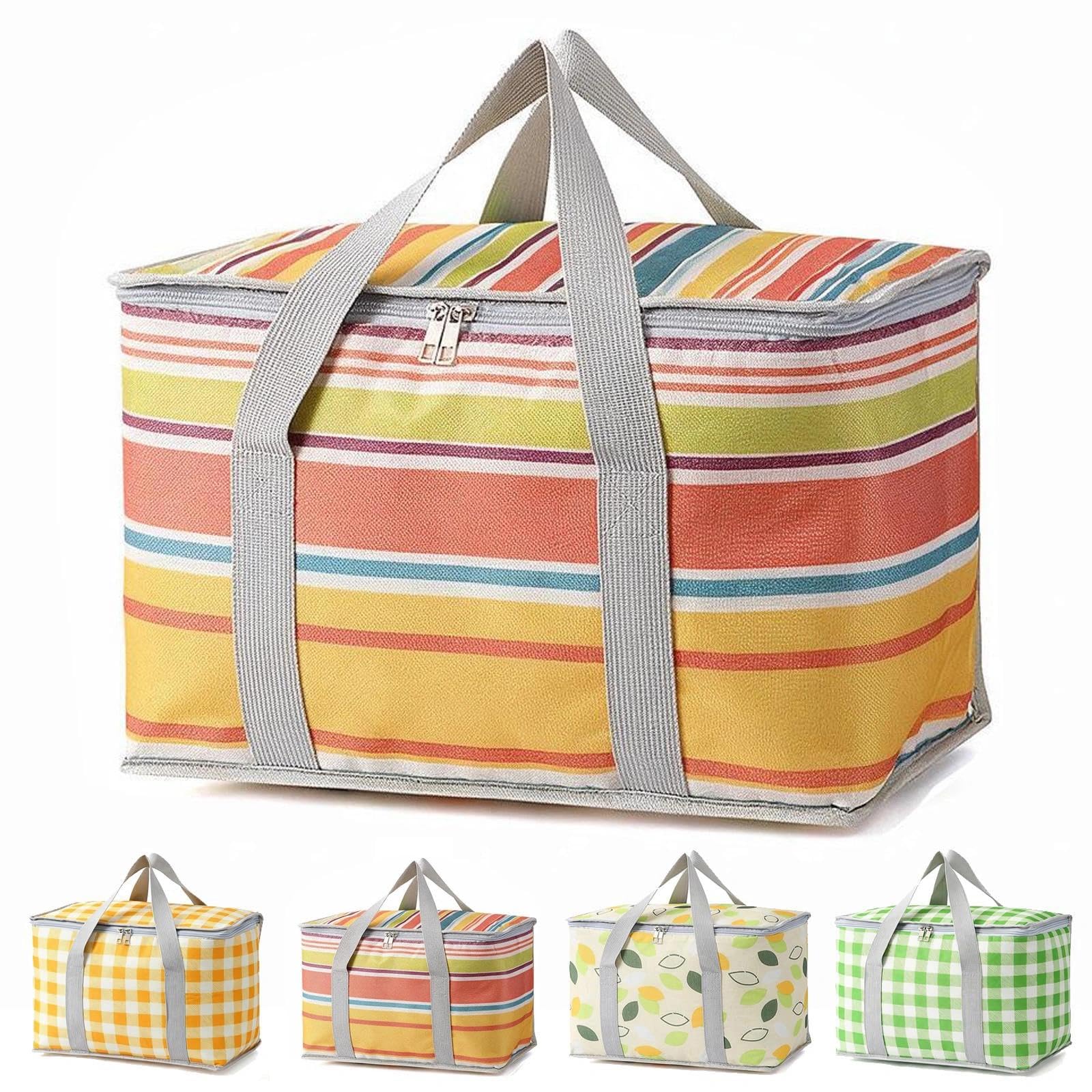 NIFTYY Insulated Picnic Basket, 35 x 20 x 20 cm Cooler Bag Hot or Cold Food, Portable Waterproof Beach Bag with Handle, Foldable Yellow Lunch Tote for Campi (rainbow colors)