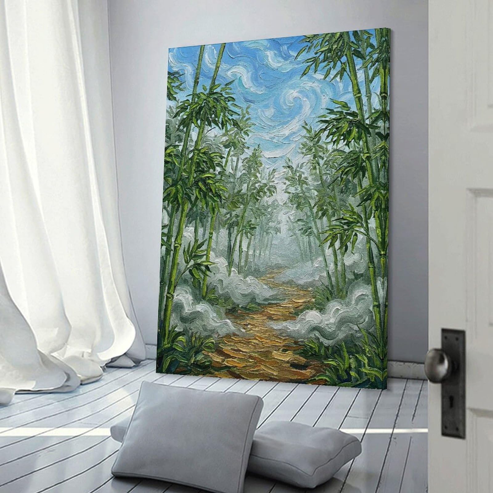 Junmoney Bamboo Forest Path Oil Painting Wall Picture Print 20x30inch(50x75cm), for Corridors, Hallways Or Apartment Entries, Wall Decor to Refresh Empty Corners