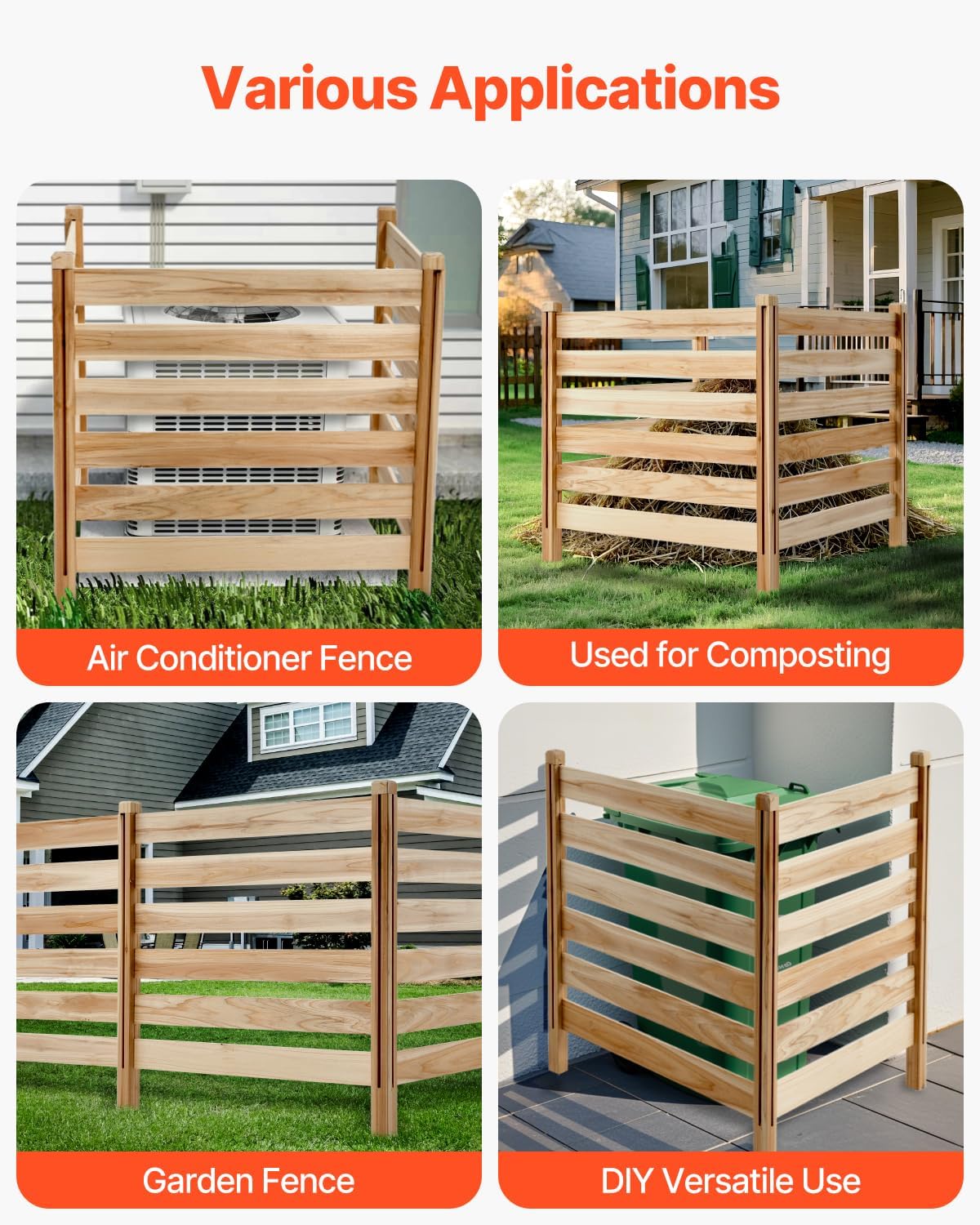 VEVOR Wood Privacy Fence, 36" W x 36" L, 3 Panel Slatted Air Conditioner Fence Screen, Pool Equipment Enclosure with Metal Stakes, Easy DIY Installation, Outdoor Trash Can Hider for Garden Decoration