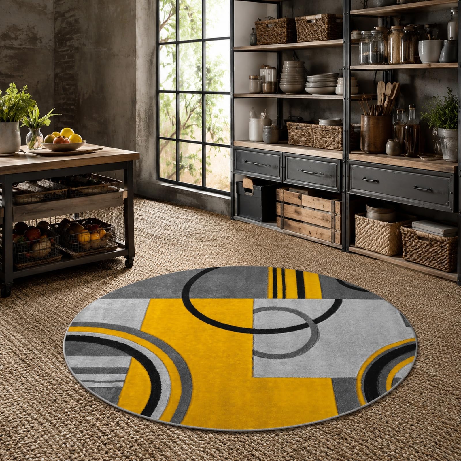 Tappeto Rotondo,Moderno motivo geometrico giallo, grigio, nero, bianco, 120 cm (personalizzato),Tappeti Lavabile Soggiorno Cameretta Scendiletto Camera da Letto