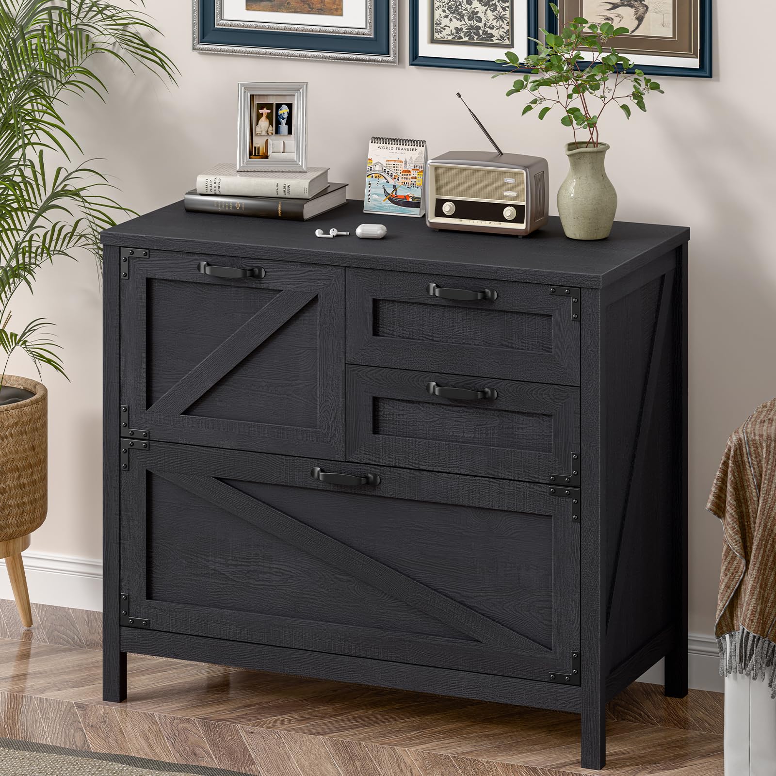 Befrases Farmhouse Lateral File Cabinet in Rustic Black, fully assembled.