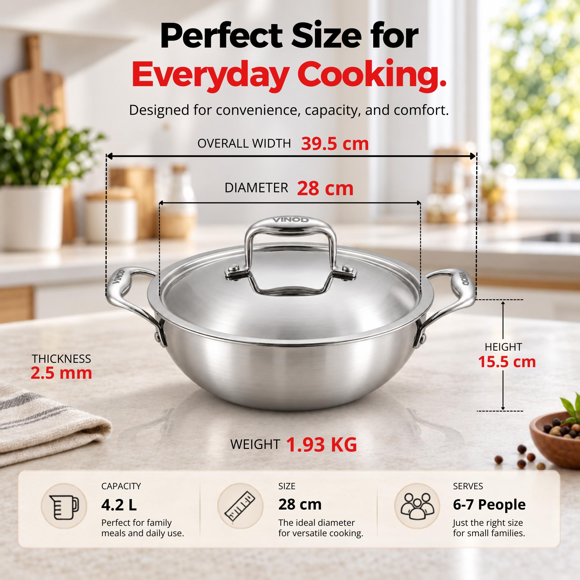 Vinod Stainless Steel Kadai - 28cm with Lid -9 Vinod Stainless Steel Kadai - 28cm with Lid -9