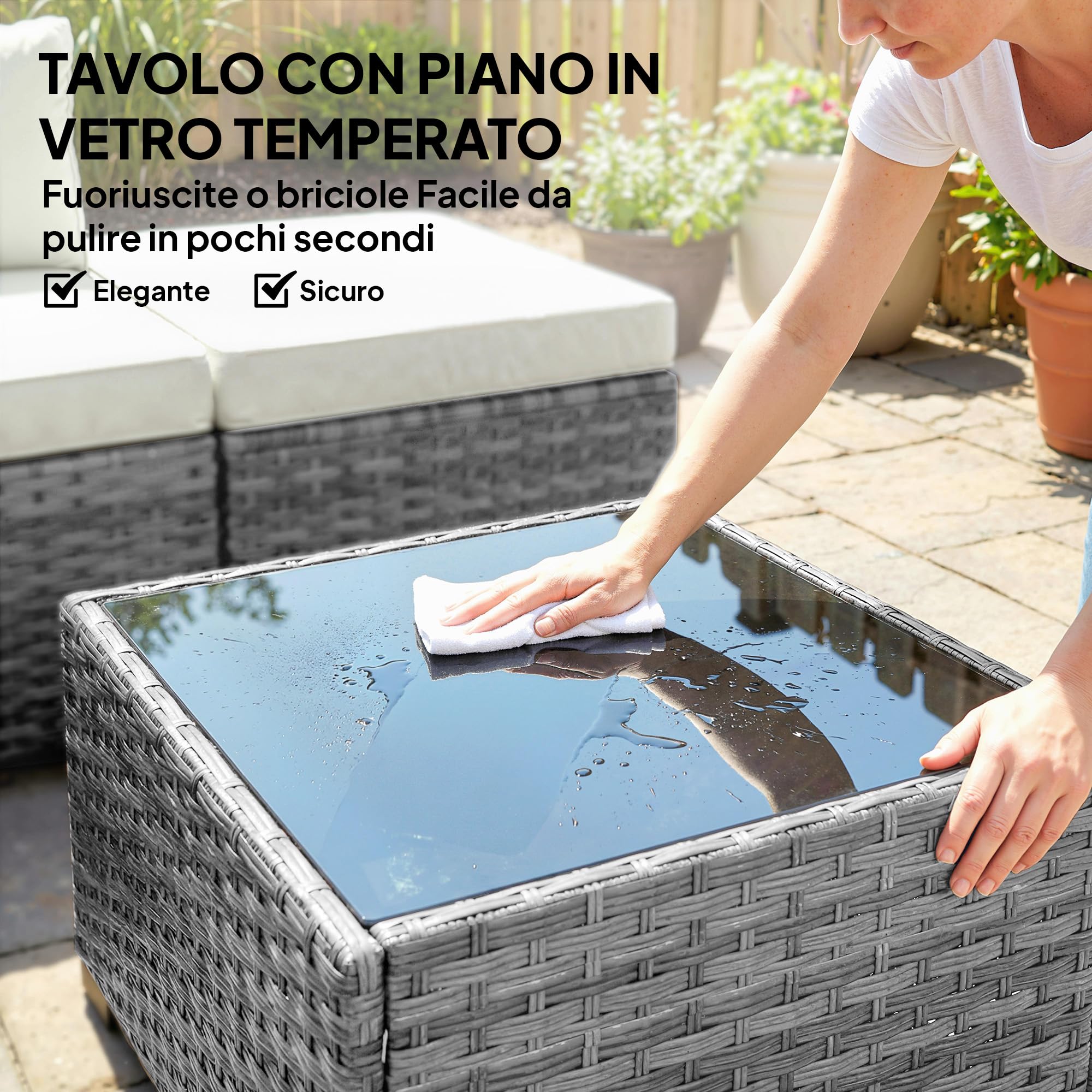 Outsunny Set Salotto da Giardino in Rattan 6 Pezzi, Set di Mobili da Giardino ad L con Divani senza Braccioli, Sedia Angolare, Poggiapiedi, Cuscini, Tavolino, Salottino da Esterno Patio, Grigio Misto