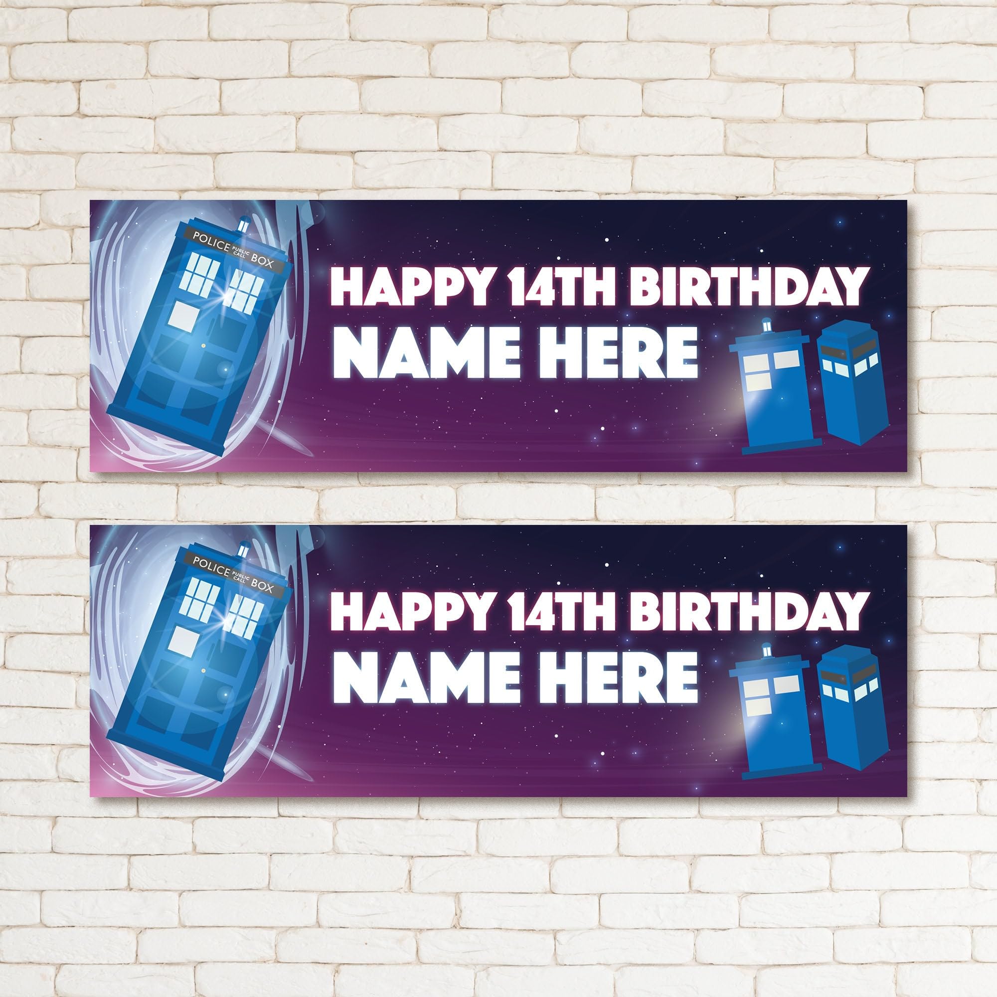 Set of two Personalised Time Travel Police Box Kids & Adults Birthday Banner Party Decor Celebration Paper Banners Party Supplies