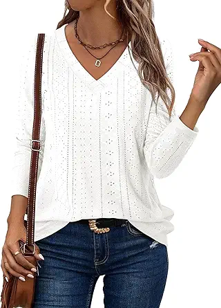 KISSMODA Long Sleeve Fall Shirts For Women V Neck Tunic Tops Embroidered Button Down Knitted Blouses 2025