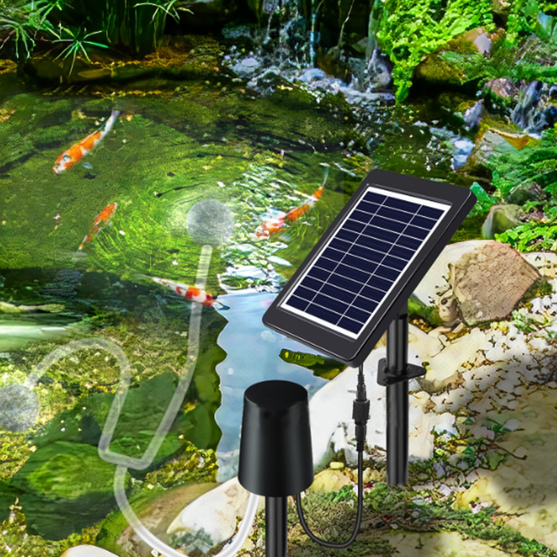 Aeratore per laghetto solare,Aeratore per pompa ad aria per laghetto da esterno 4W con tubo Pietre per bolle d'aria,Pompa ad acqua solare regolabile in 3 modalità per acquario Aeratore per pompa ad ar