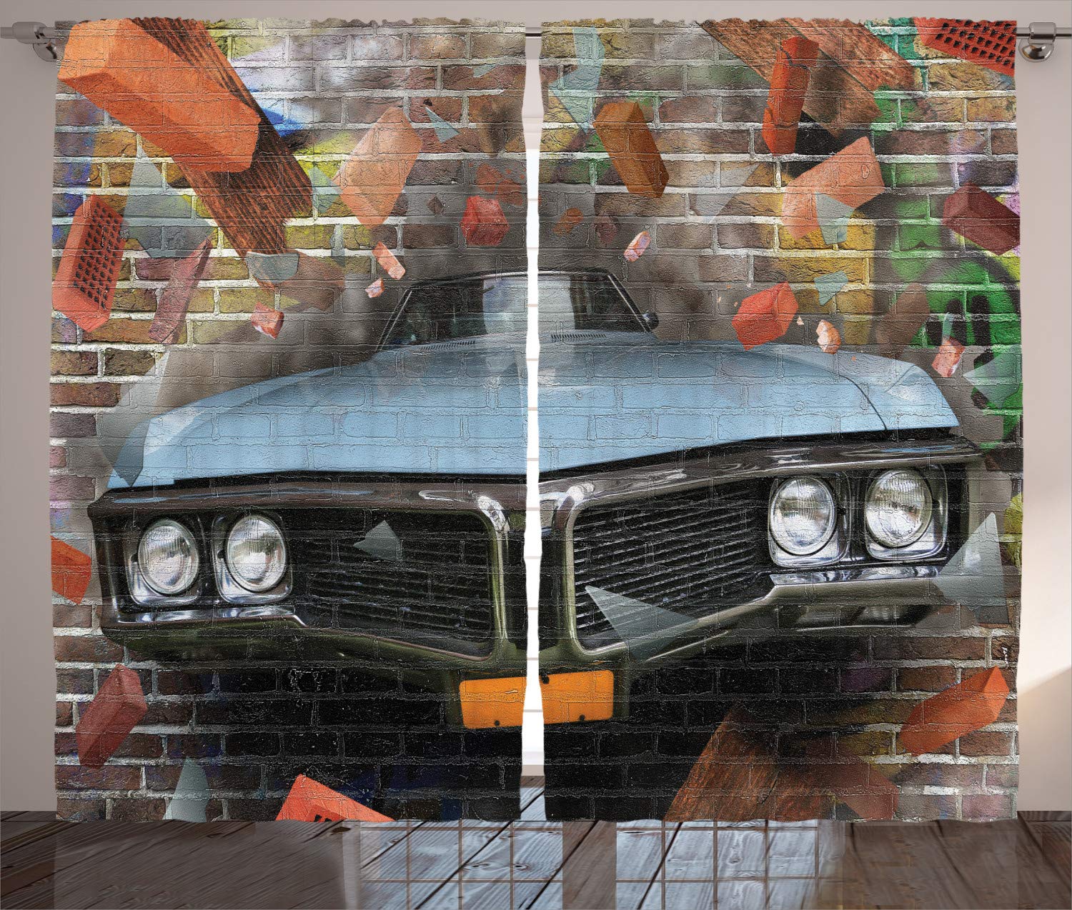 Ambesonne Cars Curtains, Graffiti Featured Graphic Crashing Automobile on a Brick Wall Underground Street Style, Living Room Bedroom Window Drapes 2 Panel Set, 108" X 63", Brick Red