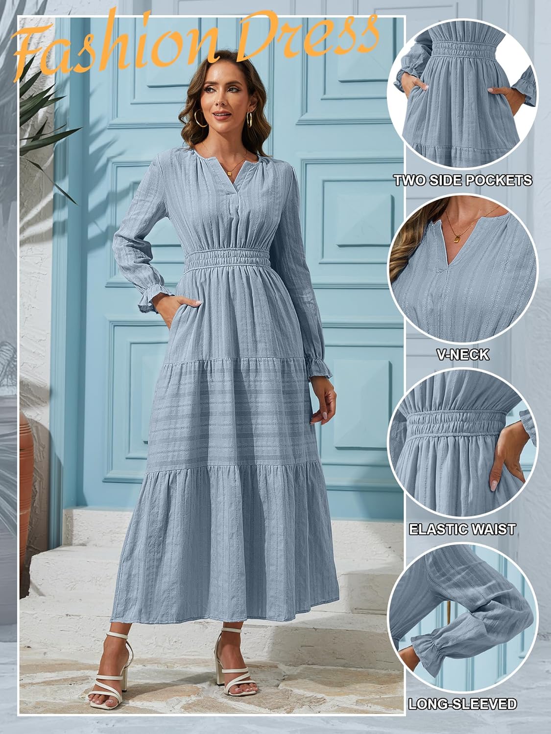 Women's Fall Maxi Dress Long Sleeve V Neck A Line Tiered Flowy Ruffle Boho Dress for Wedding Guest Cocktail Party - Image 6