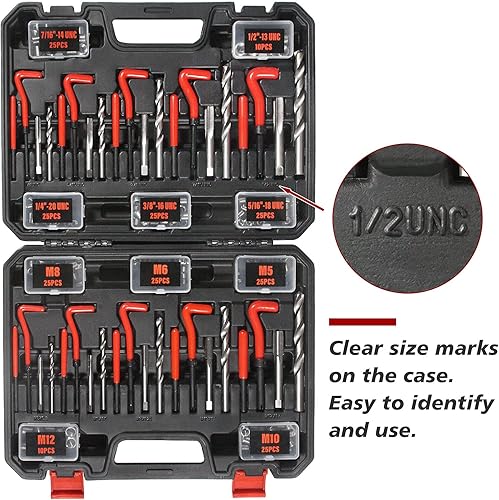 Miniatura 8 de Kit de reparación de roscas, kit de helicoidales métricas de 131 piezas en M5 M6 M8 M10 M12 con brocas HSS, roscas, insertos roscados, instalación