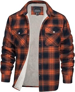 Men's Cotton Plaid Shirt Jacket Sherpa Fleece Lined Flannel Shirts Warm Winter Thick Work Coat Button Down Jacket with 3 Pockets