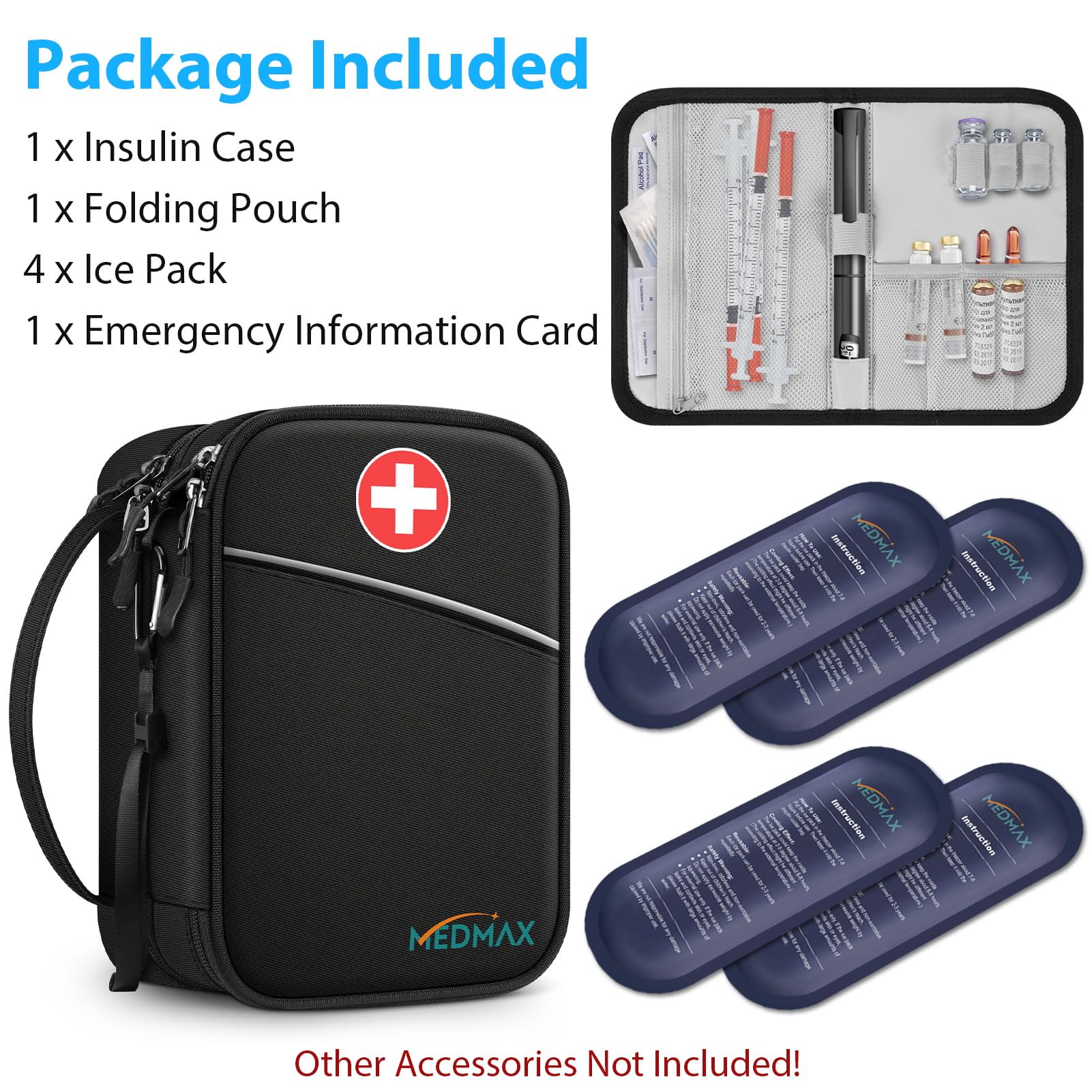 MEDMAX Enfriador Bolsa de Insulina 4 Paquetes de Hielo, Grande Organizador de Medicamentos, Aislado Estuche con Bolsa Adicional para Bolígrafos de Insulina u Otros Suministros para Diabéticos, (Negro)