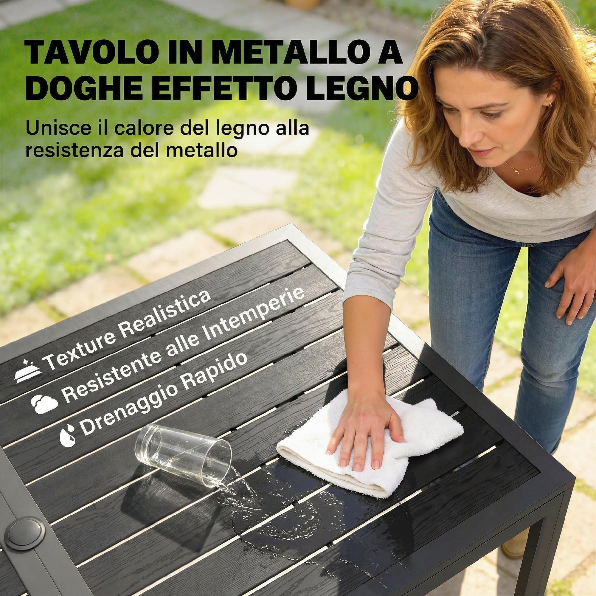 Outsunny Set Tavolo e Sedie da Giardino 7 Pezzi, Set da Pranzo Esterno con 6 Sedie Impilabili in Plastica Finto Rattan e Tavolo in Metallo Effetto Legno, Nero