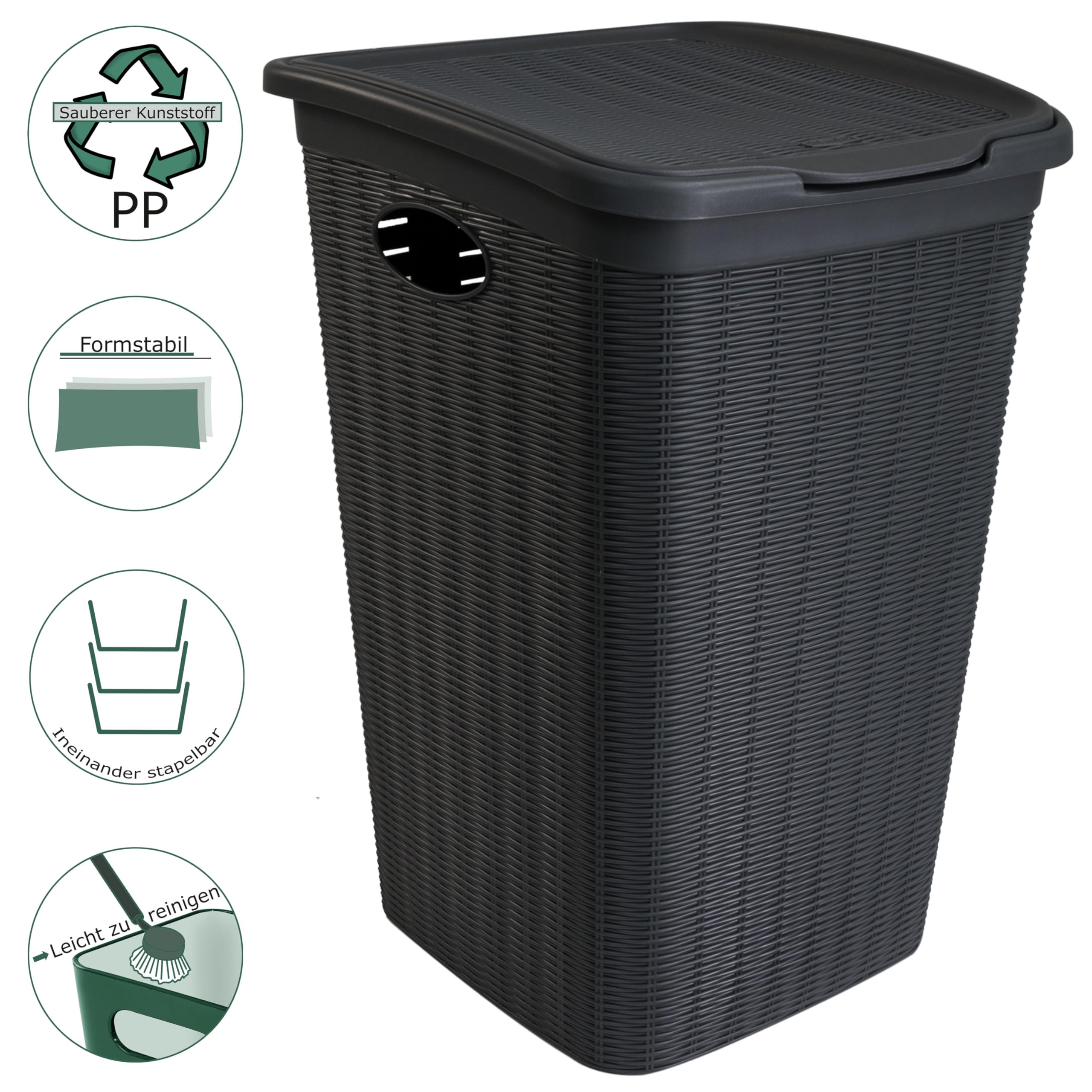 2x Wäschekorb 50L groß Hellgrau Rattanoptik mit 38x36x54cm Korb Kunststoff