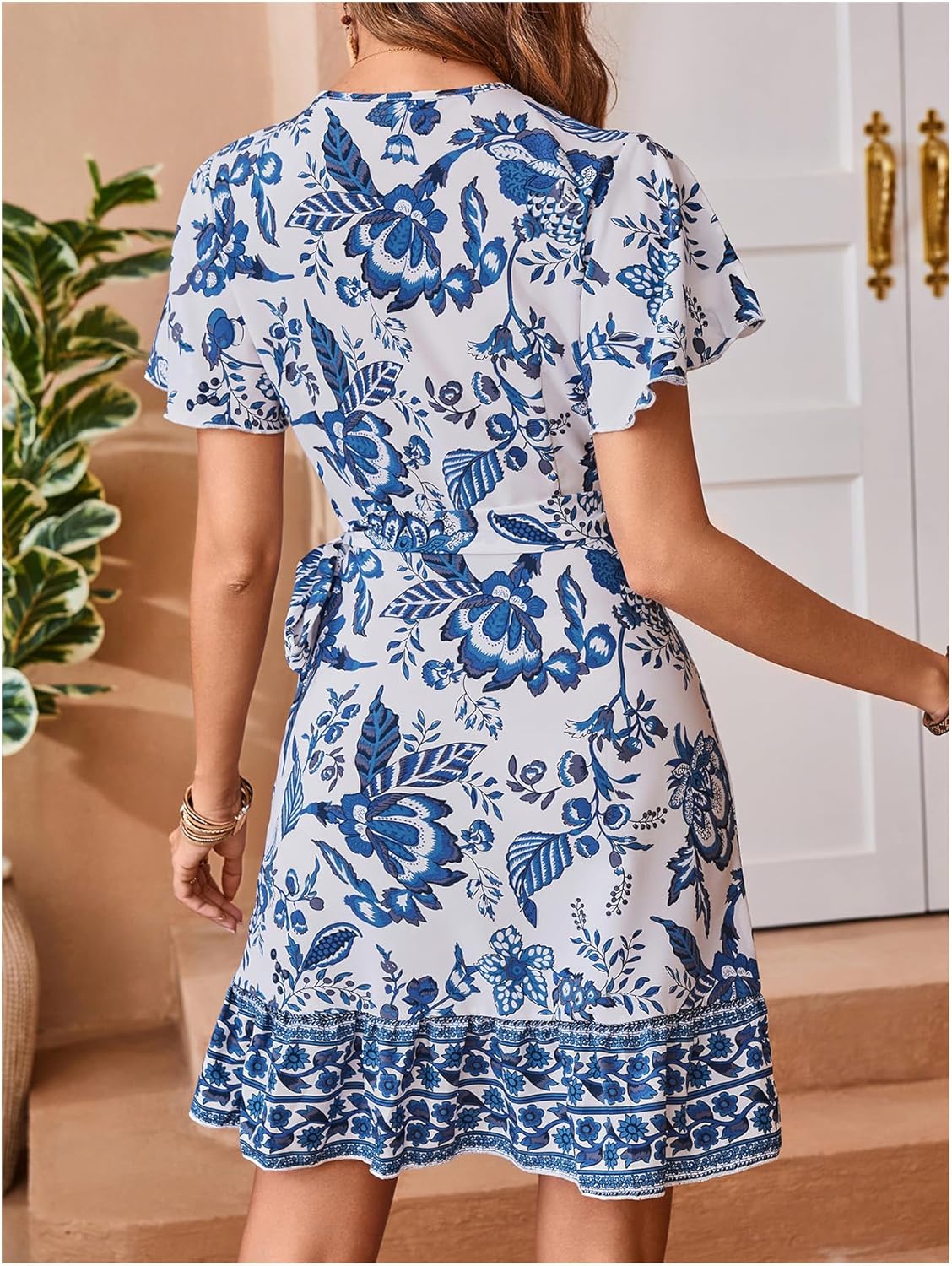 WDIRARA Women's Summer Casual Boho Floral Print Short Sleeve Wrap V Neck Ruffle Hem A Line Dress - Image 2