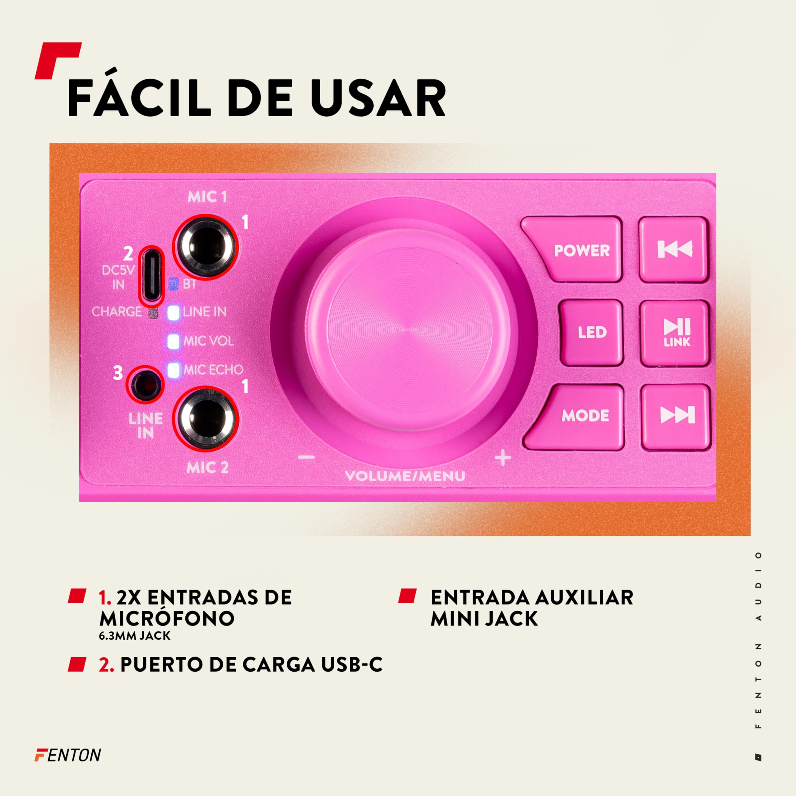 Fenton KAR50P Altavoz karaoke Bluetooth con batería y 2 micrófonos
