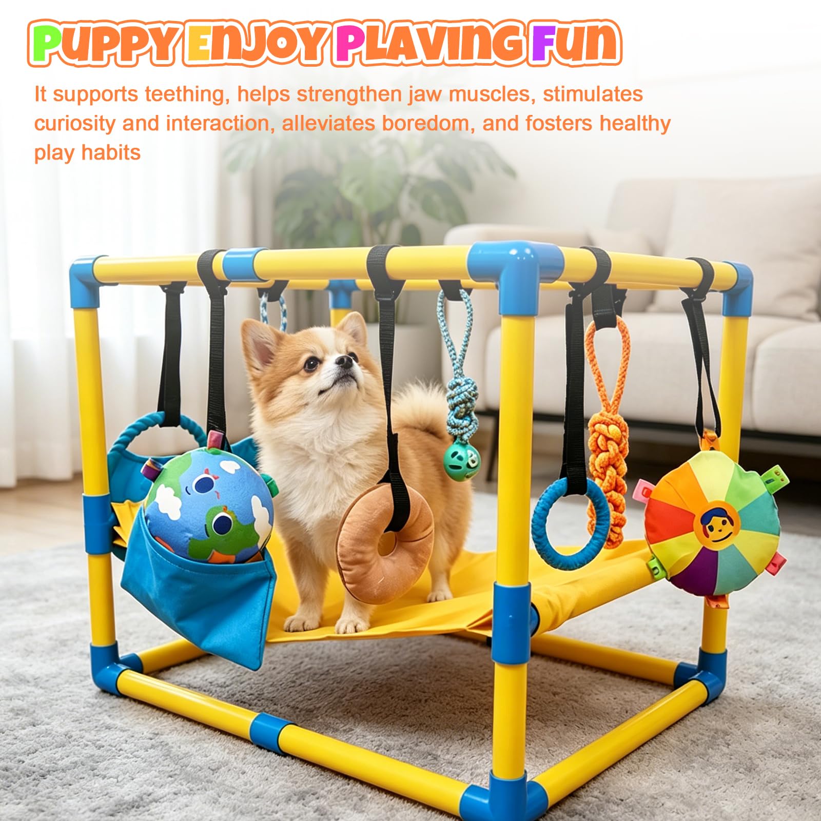 Welpenspielstudio mit 8 hängenden Spielzeugen, 60 x 40 x 40 cm für den Innenbereich | Play Gym Interaktives Hundetrainer mit Hängematte und Isomatte, PVC-Rahmen, Welpen-Fitnesscenter für Welpen
